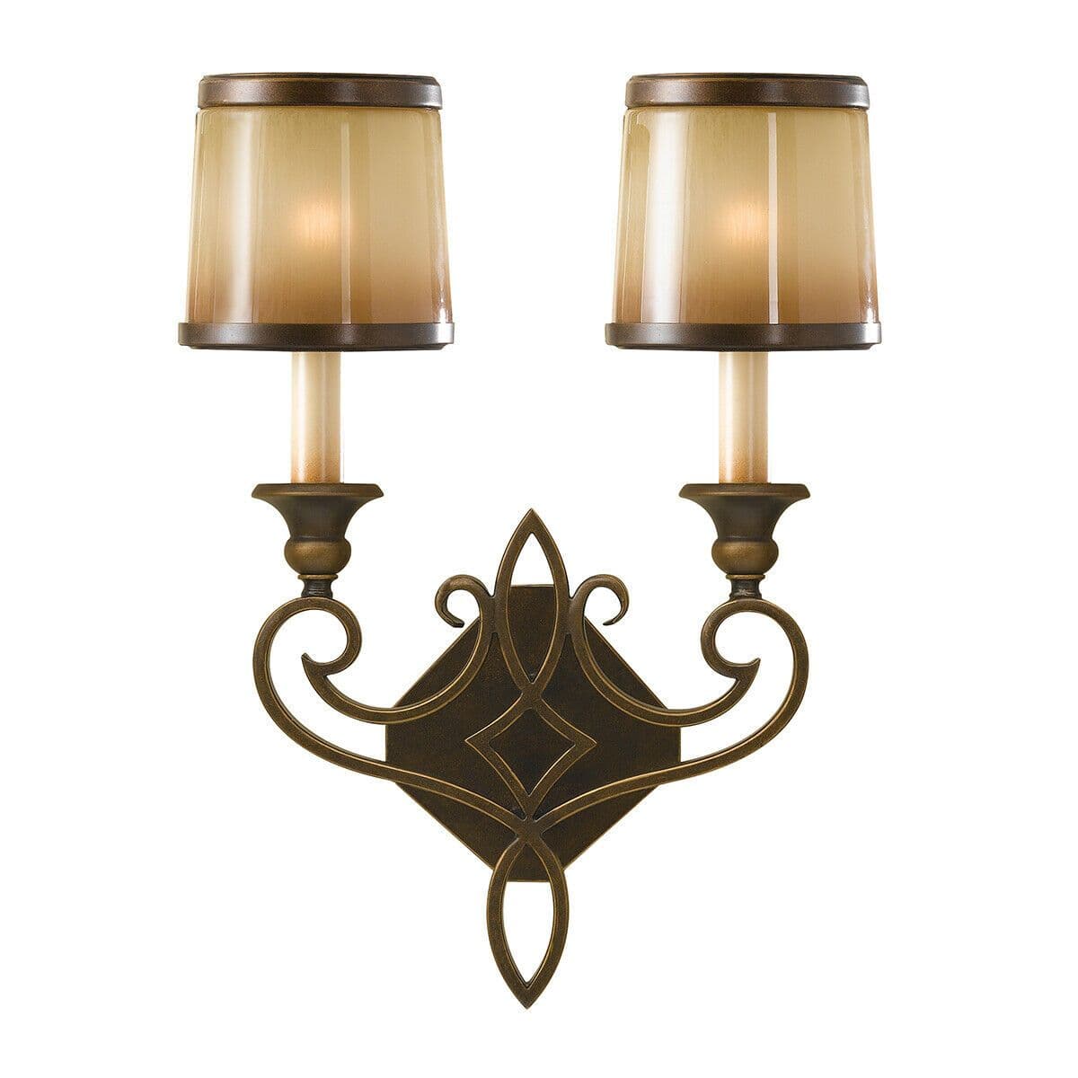 Twin Wall Light Iron Scroll Detail Glass Aged Oak Astral LED E14 60W