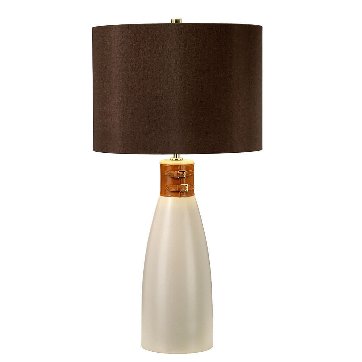Table Lamp Leather Brass Strap Faux Silk Cylinder Shade LED E27 60W