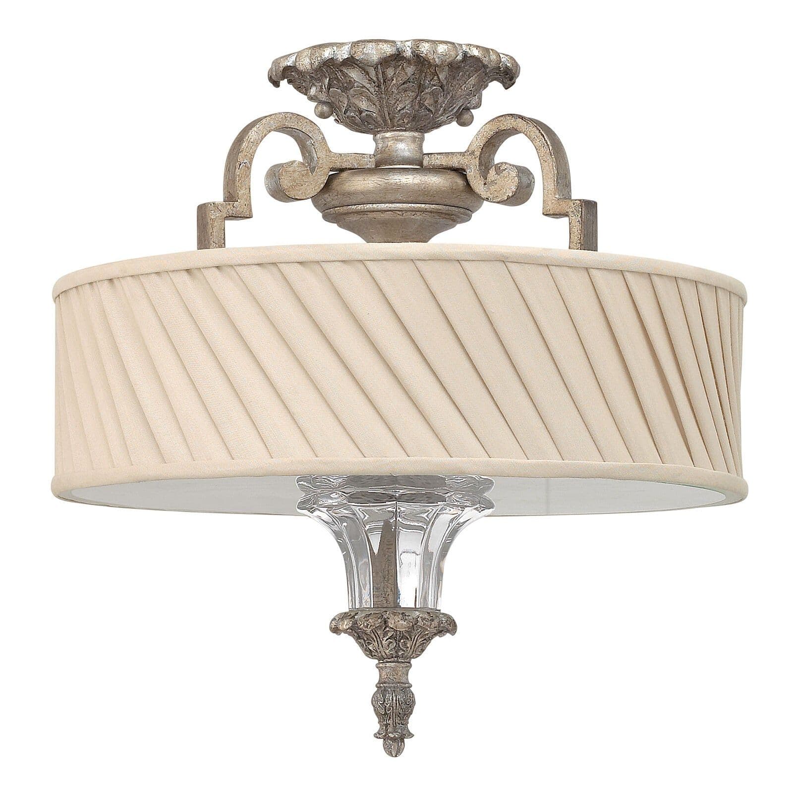 3 Bulb Semi Flush Light Pleated Fabric Shade Silver Leaf LED E27 75W