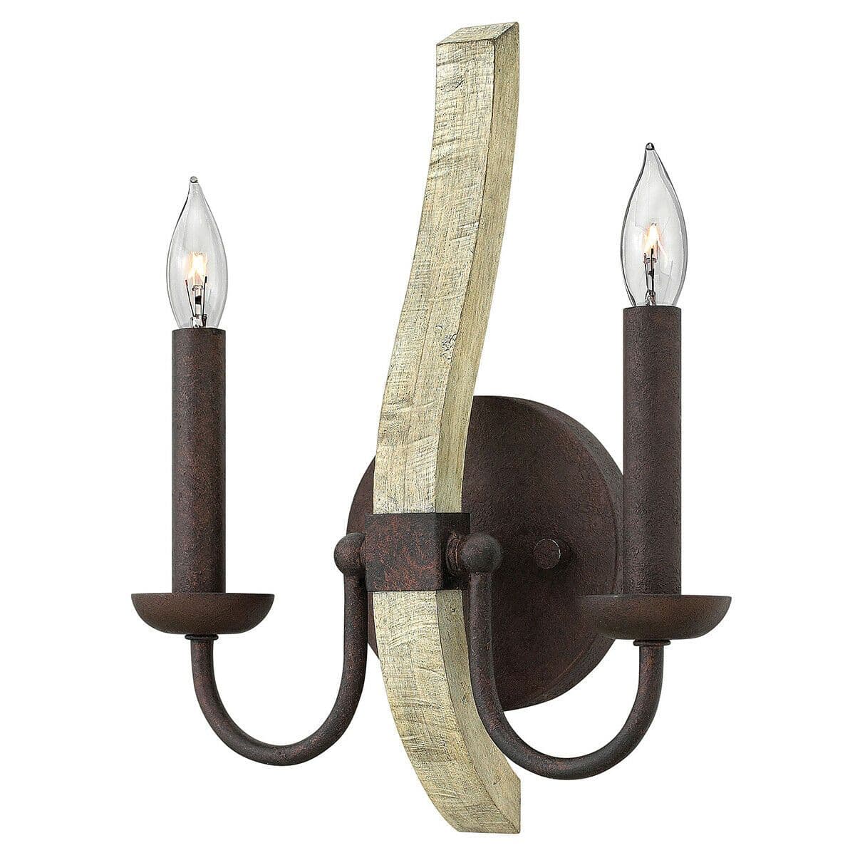 Twin Wall Light Distressed Wood & Steel Pear Shaped Finial Iron LED E14 60W