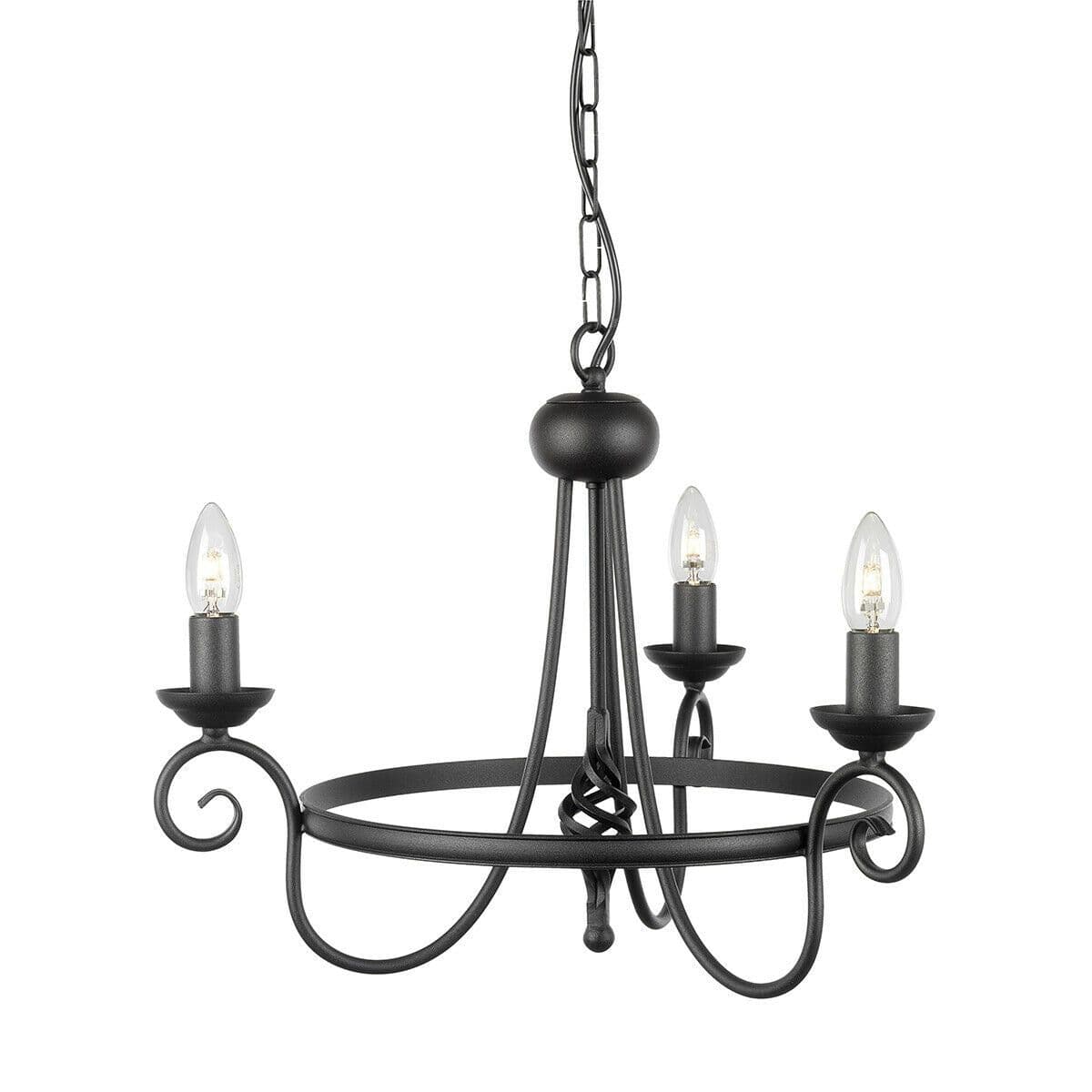 3 Bulb Chandelier Medieval Feel Soft Curving Arms Swirl Finial LED E14 60W