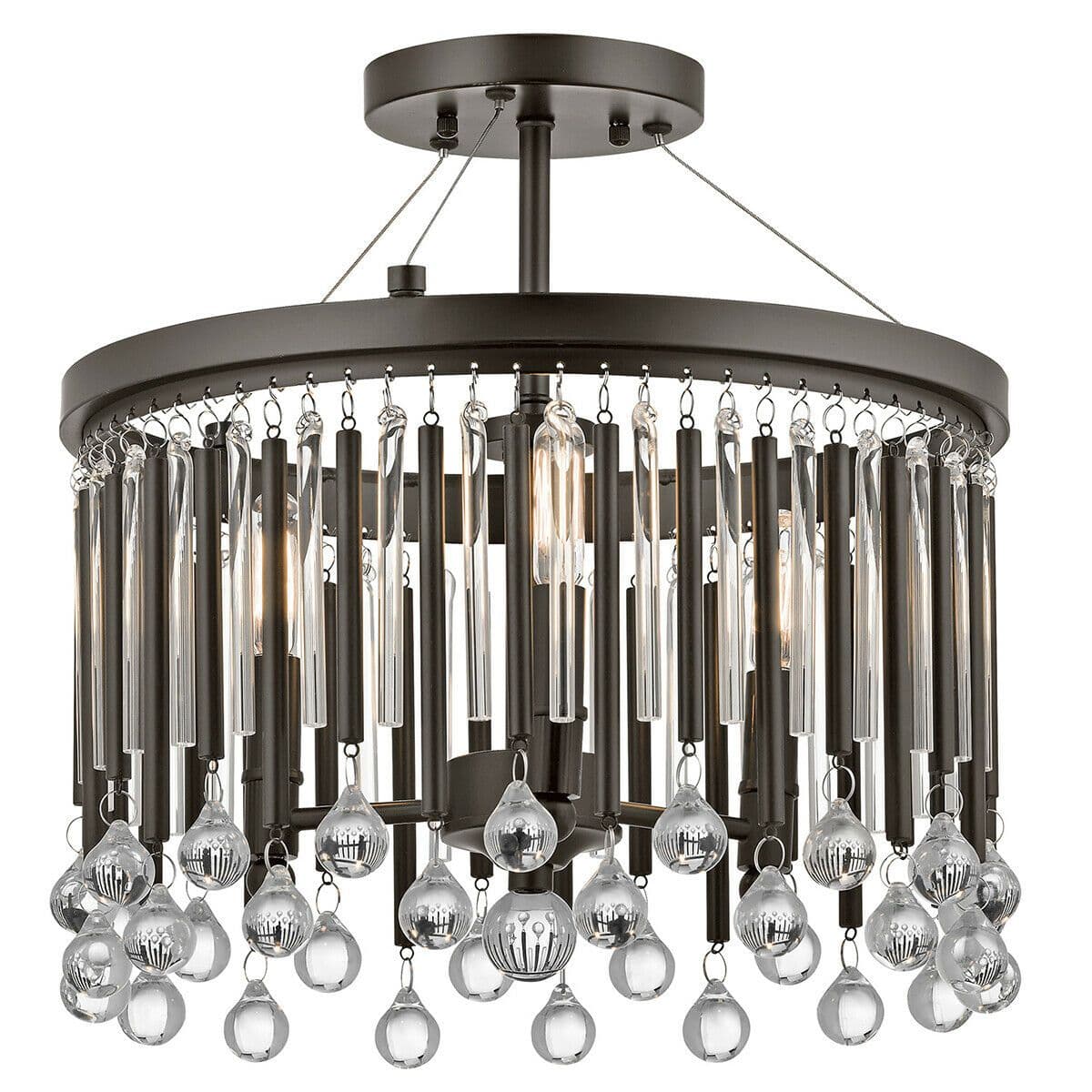 3 Bulb Semi Flush Light Metal Rods Clear Glass Tubes Beads LED E14 60W