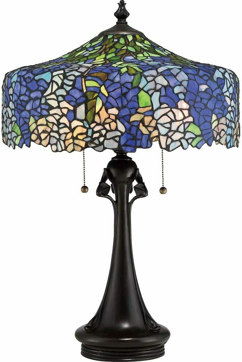 3 Bulb Table Lamp Tiffany Style Coloured Glass Smooth Round Base Stem