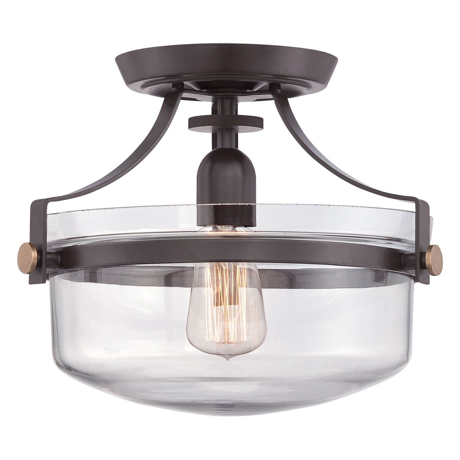 Semi Flush Light Inverted Clear Glass Shade Banded Metal LED E27 60W