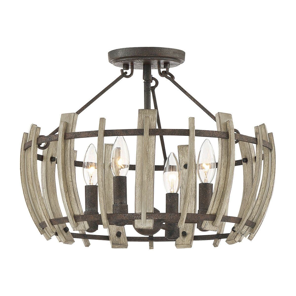 4 Bulb Semi Flush Light Frame Faux Wood Slat Effect Rustic LED E14 60W