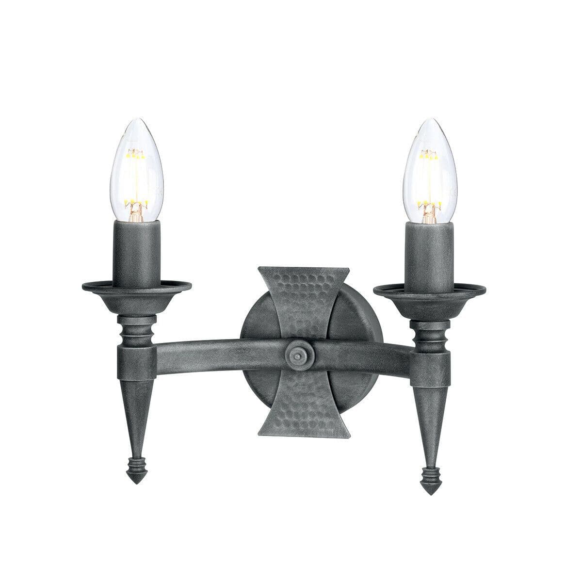 Twin Double Wall Light Wrought Iron Beaten Metal Silver LED E14 60W
