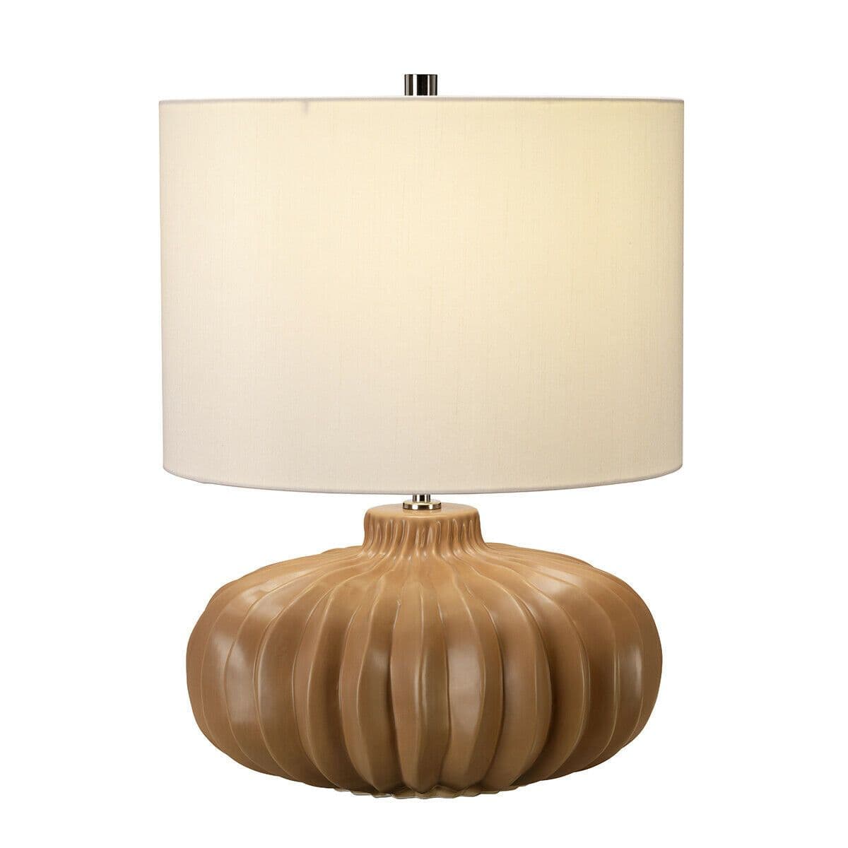 Table Lamp Ridged Pumpkin Shape Squat Base Ivory Faux Linen Shade LED E27 60W