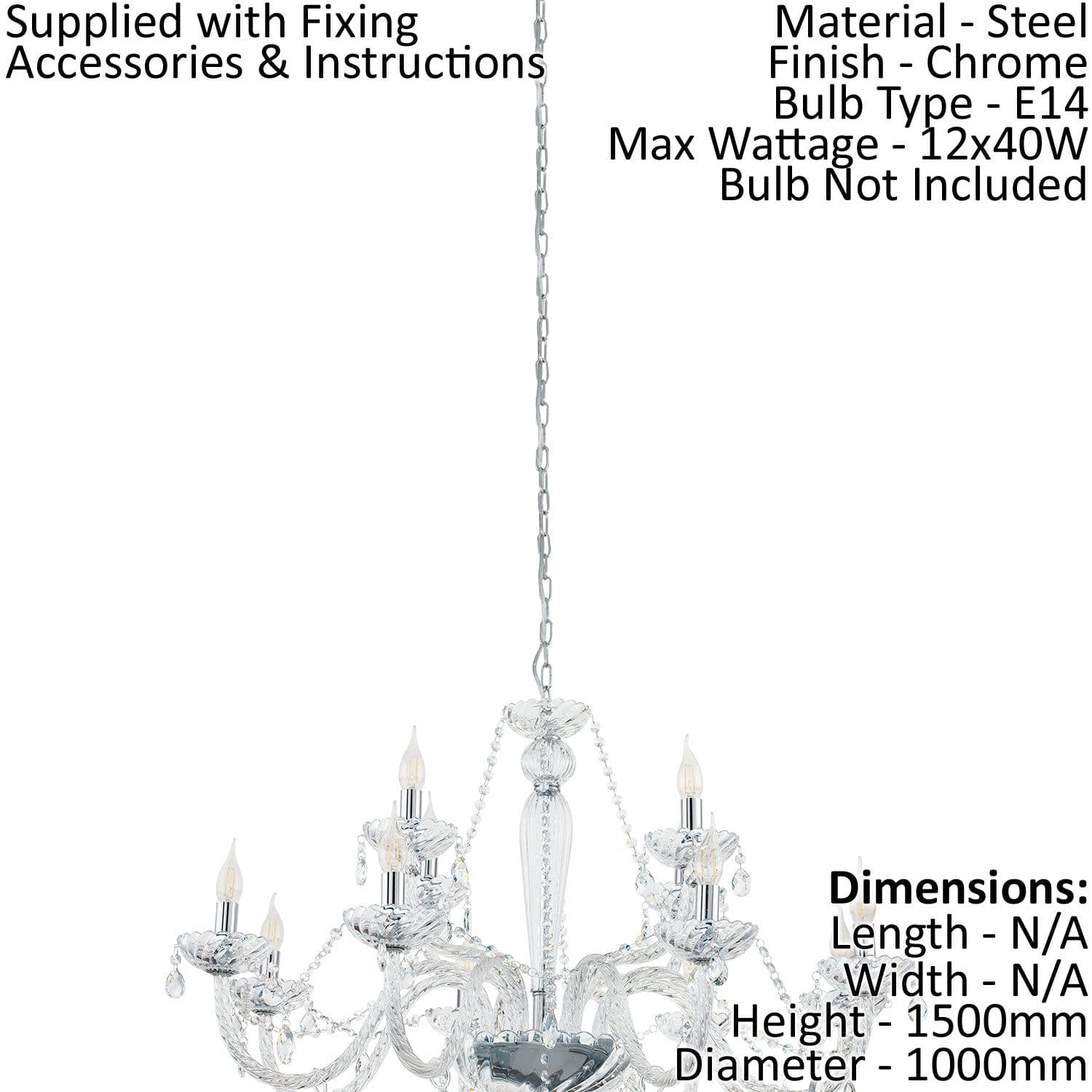 Chandelier Light Chrome Plated Steel & Clear Glass Droplets Bulb E14 12x40W