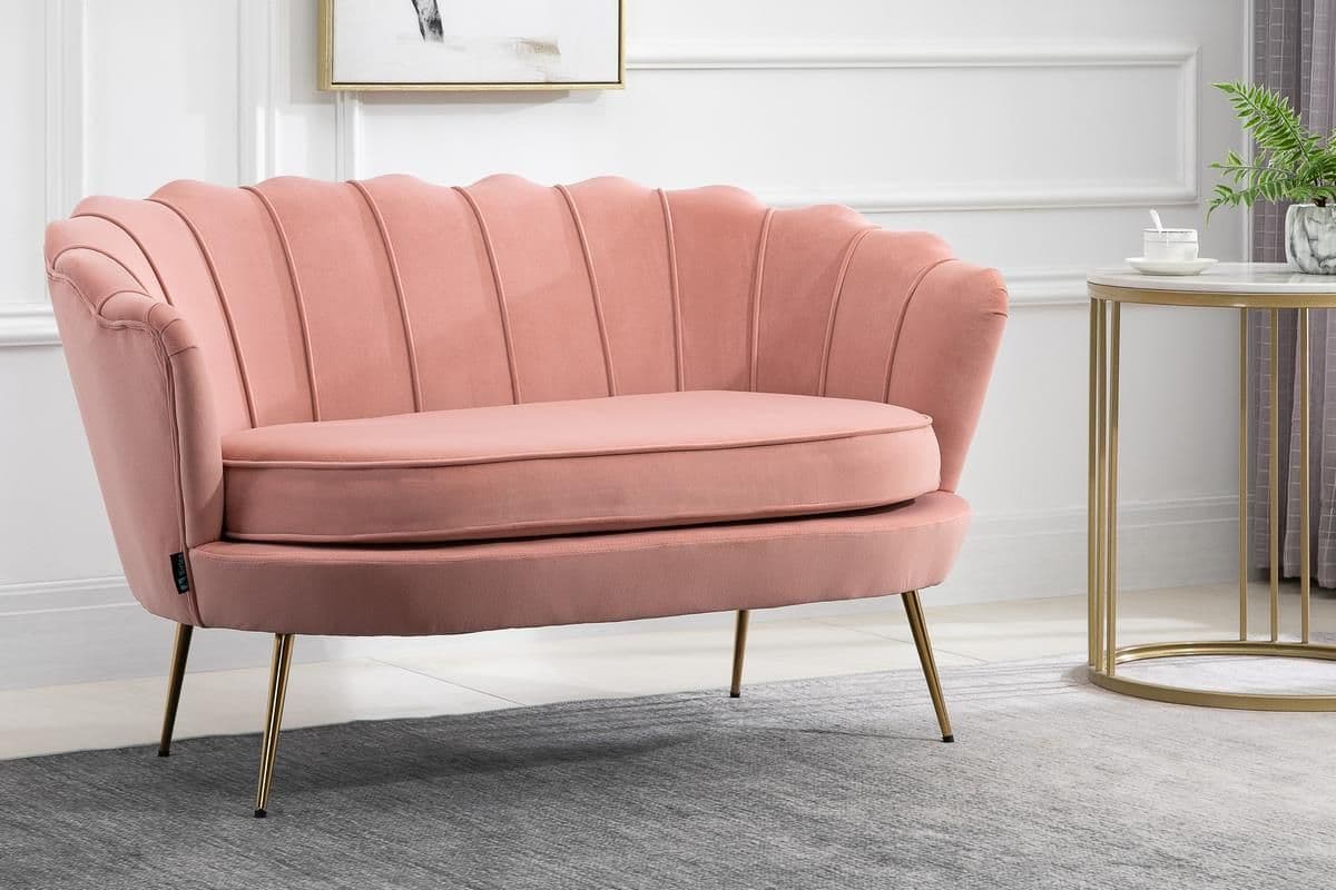 2 Seater Sofa Ariel Settee Coral Velvet Fabric Gold Vintage Design