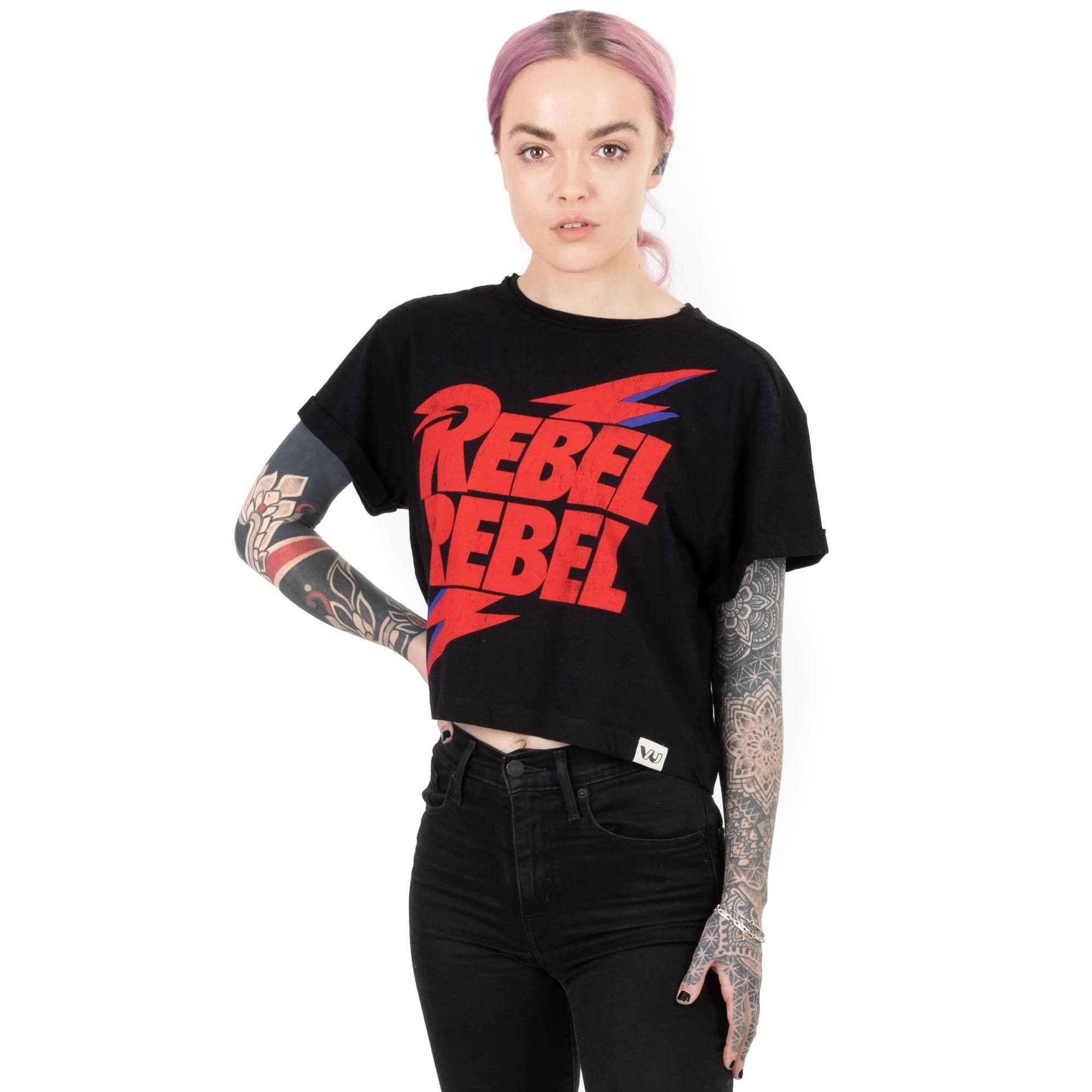 David Bowie Women's Adult Cropped Short Sleeved T-Shirt (Black) in Black | Size: 2XL