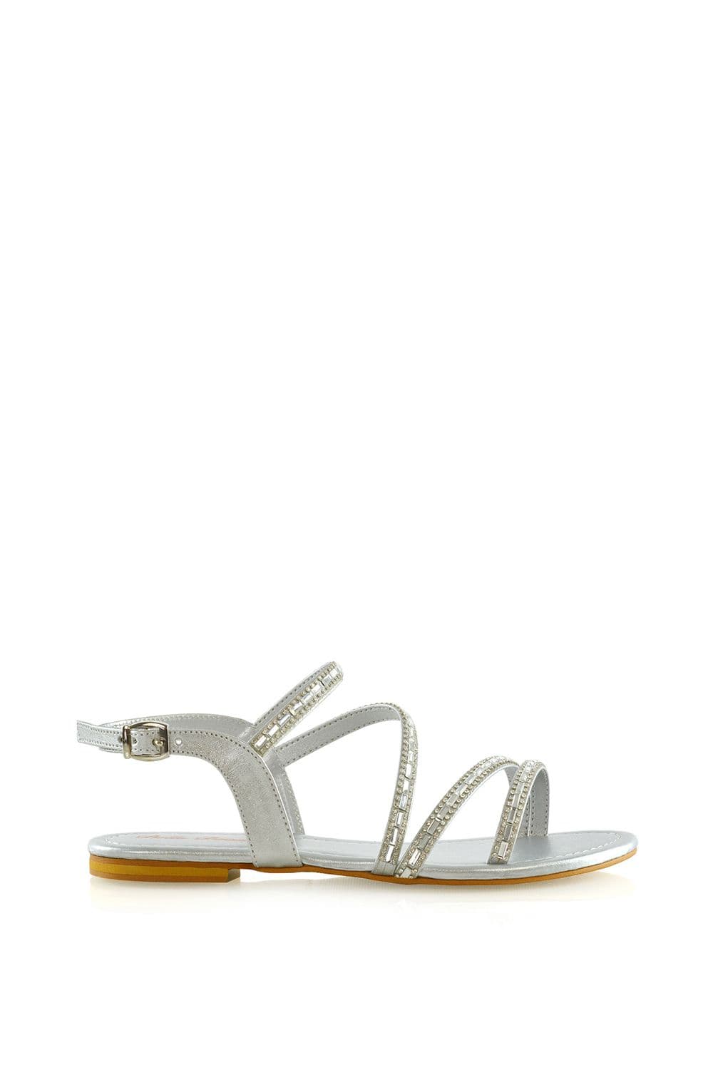 XY London Women's 'Mercedes' Strappy Mirror Diamante Flat Sandals in Silver | Size: 6