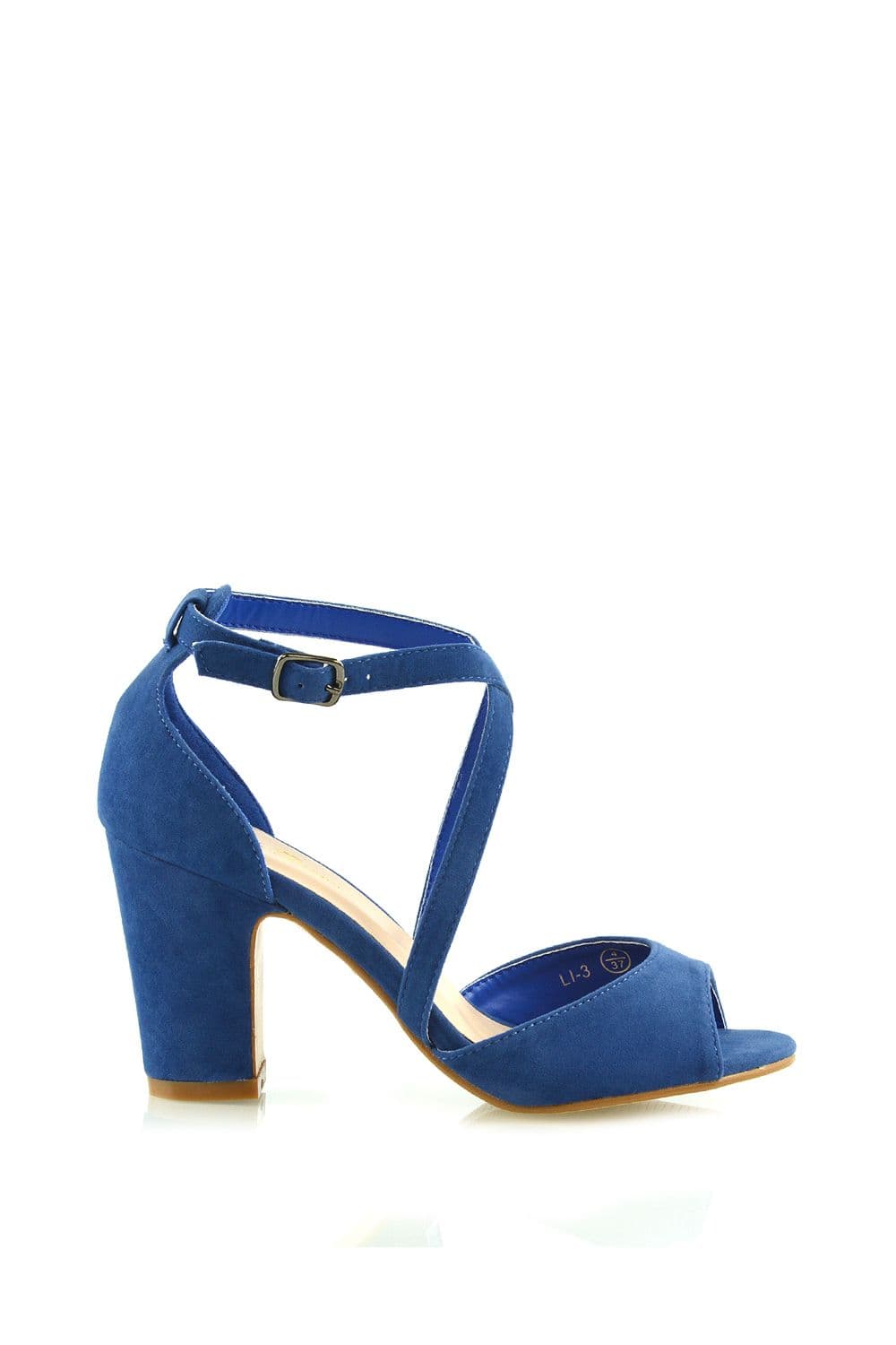 XY London Women's 'Alice' Strappy Peep Toe Mid Block High Heel Sandal Shoes in Navy | Size: 7