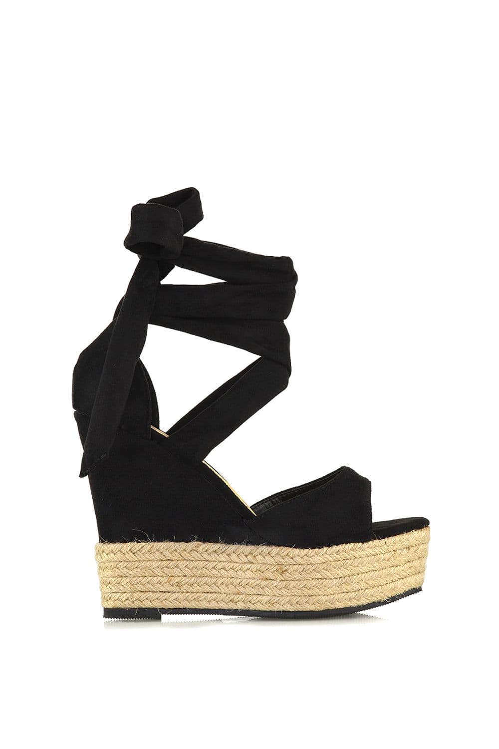 XY London Women's 'Sansa' Tie Up Woven High Wedge Platform Heel Sandals in Jet Black | Size: 5