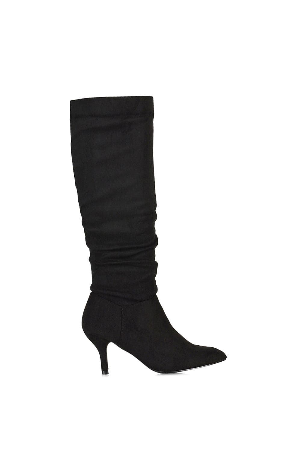 XY London Women's 'Sian' Ruched Knee High Pointed Mid Stiletto Heel Boots in True Black | Size: 7