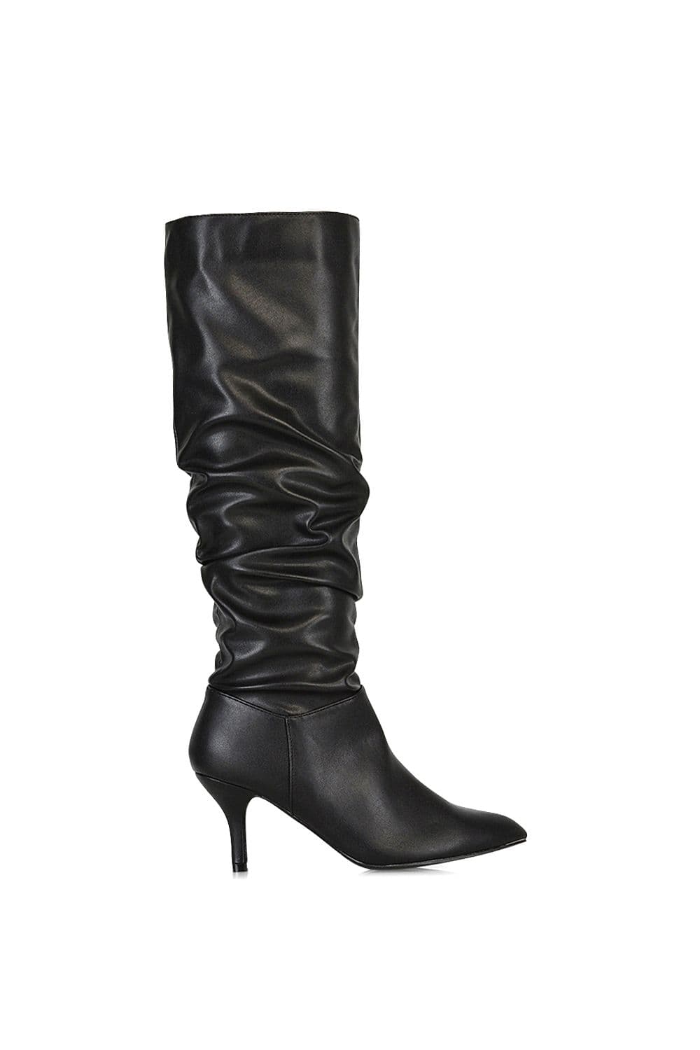 XY London Women's 'Sian' Ruched Knee High Pointed Mid Stiletto Heel Boots in Black | Size: 8