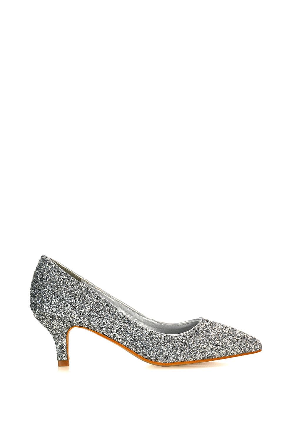 XY London Women's 'Gwyneth' Pointed Toe Mid Stiletto Kitten Heel Court Shoes in Silver | Size: 5
