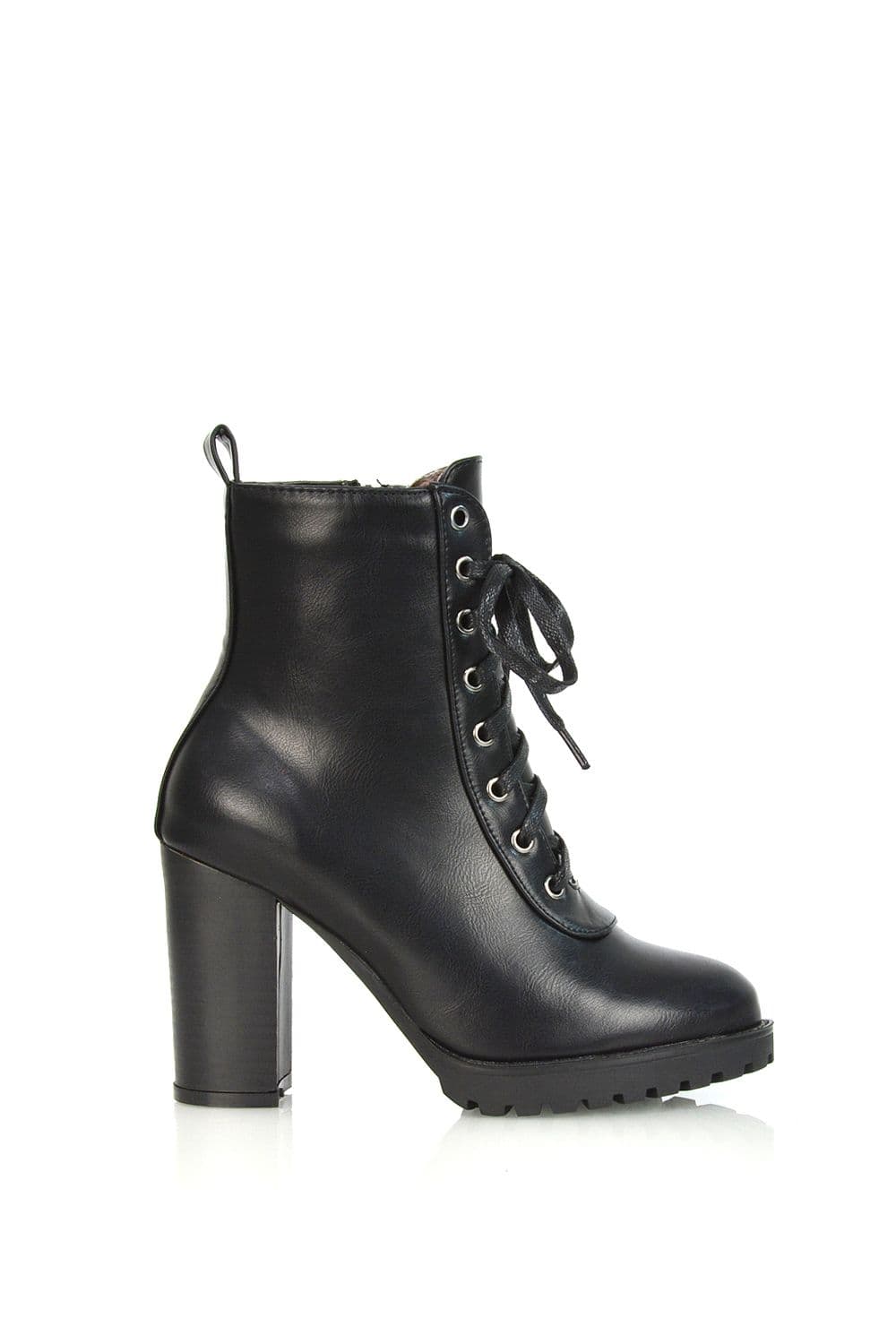 XY London Women's 'Ariel' Lace up High Block Heel Zip-up Biker Ankle Boots in Black | Size: 3
