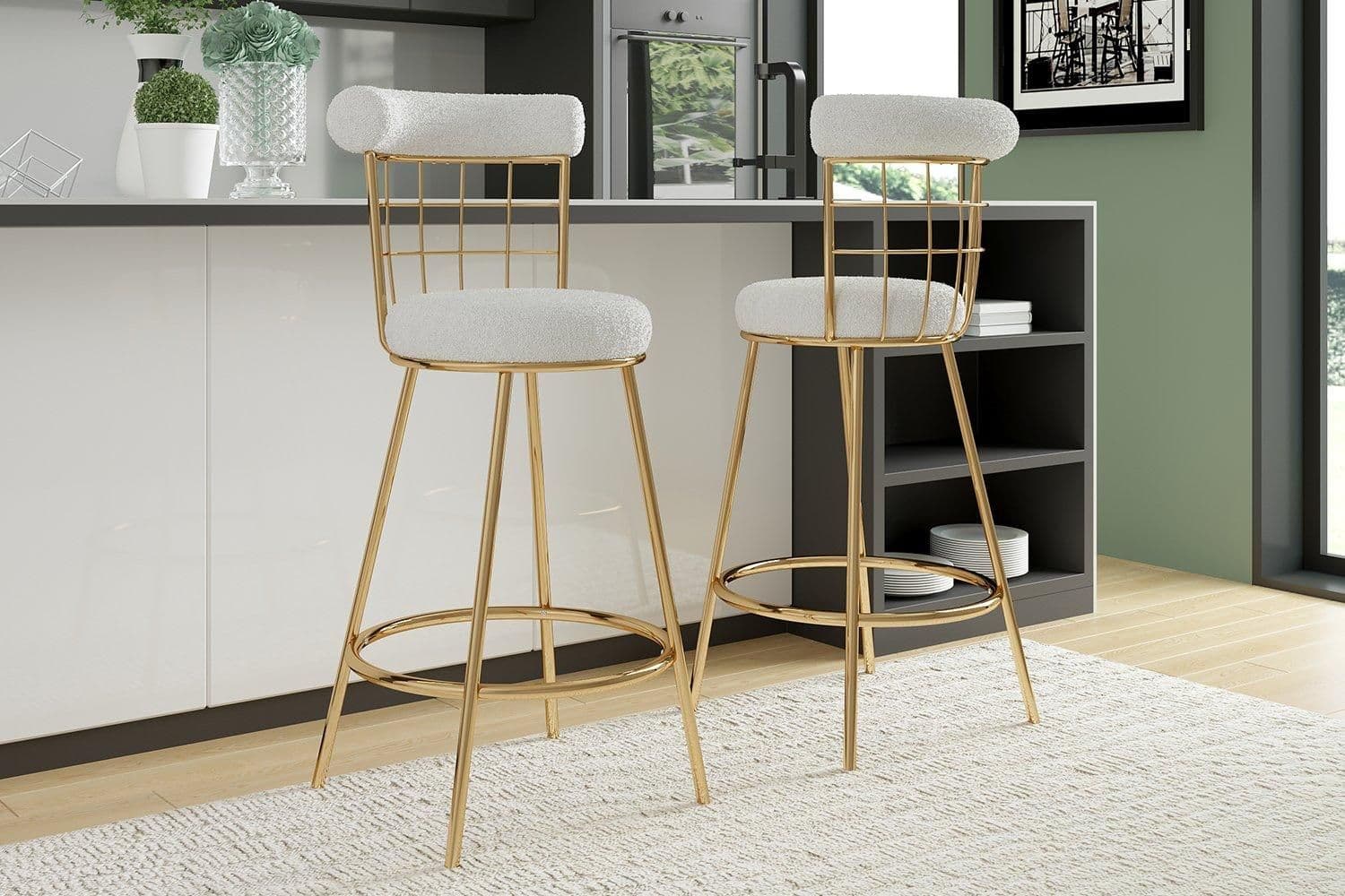 Set 2 Etta Boucle Bar Stools Wire Backrest