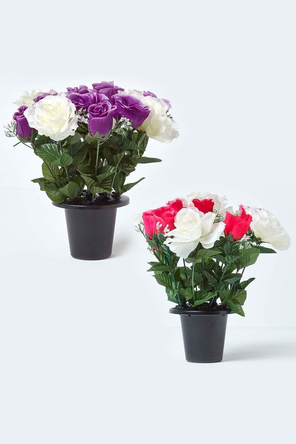 Set 2 Pink & Roses Artificial Flowers Grave Vases