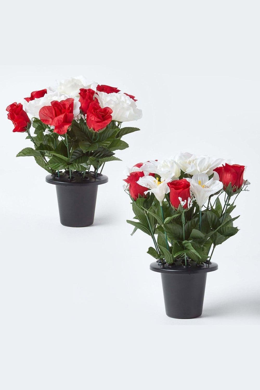 Set 2 Red & Roses & Lilies Artificial Flowers Grave Vases