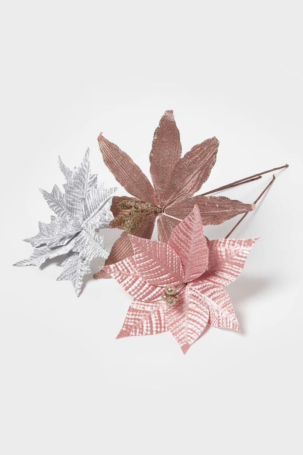 Artificial Set 3 Poinsettia Single Stem Decorations