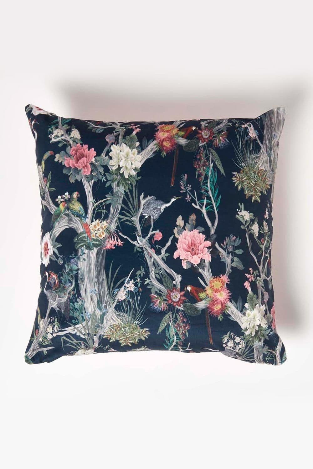 Floral Garden Parrot Filled Velvet Cushion 46 x 46 cm