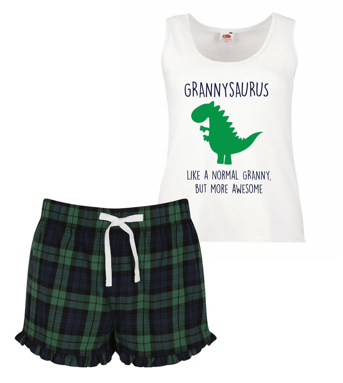 60 SECOND MAKEOVER Women's Grannysaurus Dinosaur Granny Pyjamas Tartan Frill in Green | Size: XS