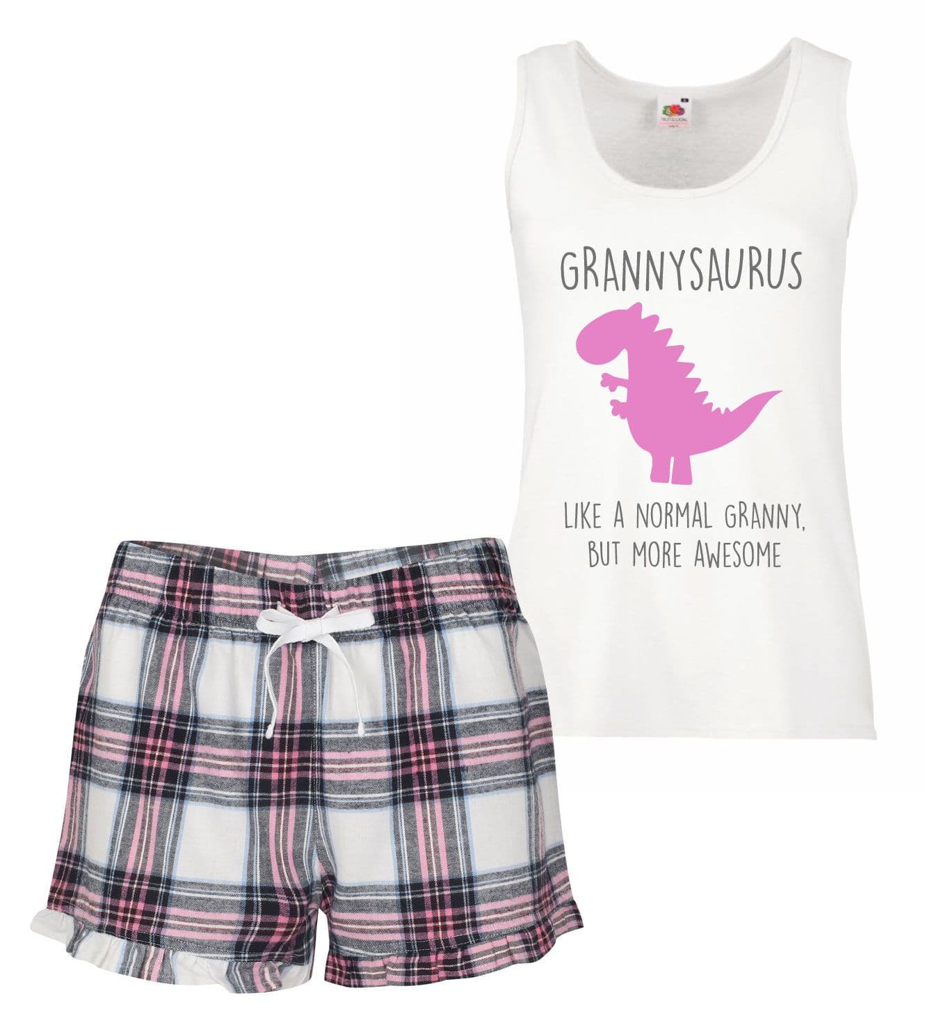 60 SECOND MAKEOVER Women's Grannysaurus Dinosaur Granny Pyjamas Tartan Frill in Pink | Size: Large