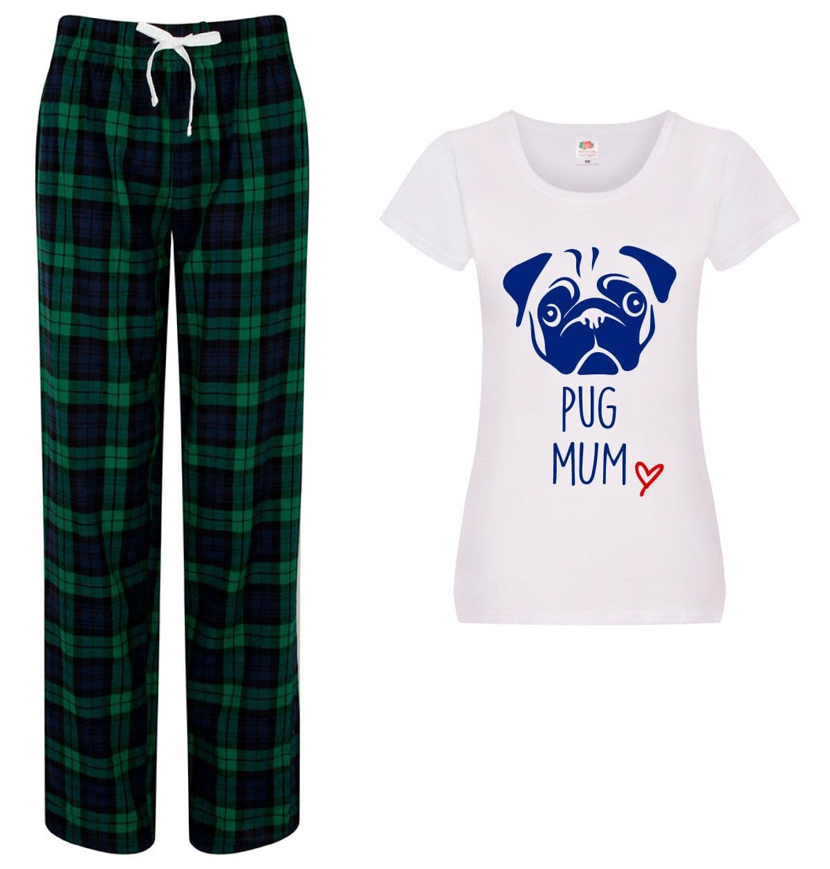 60 SECOND MAKEOVER Women's Pug Mum Pyjamas Tartan Trouser Bottoms Pyjama Dog Pyjamas in Green | Size: Large