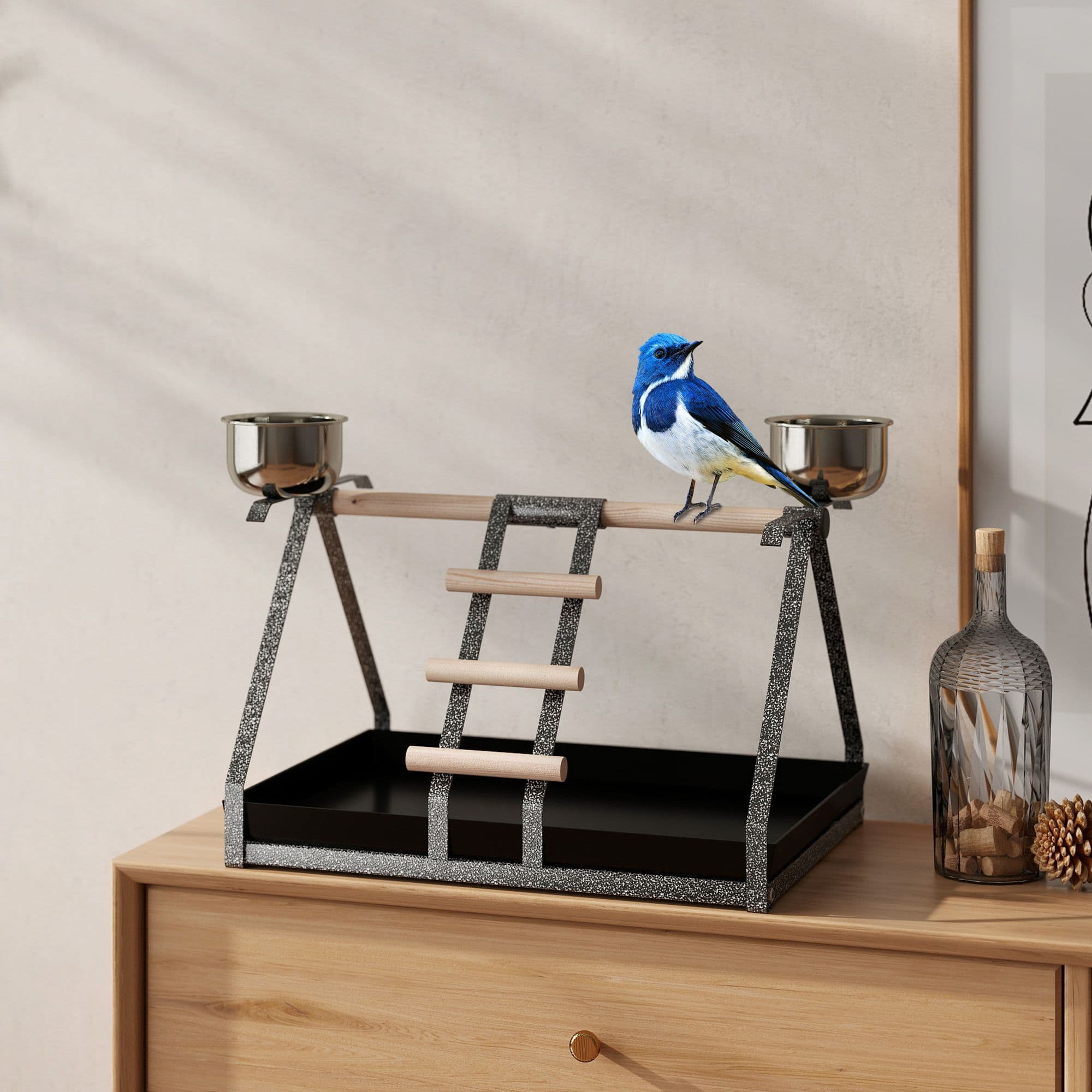 Bird PlayStand with Wooden Perch Ladder Feeding Cups for Macaw Parrot