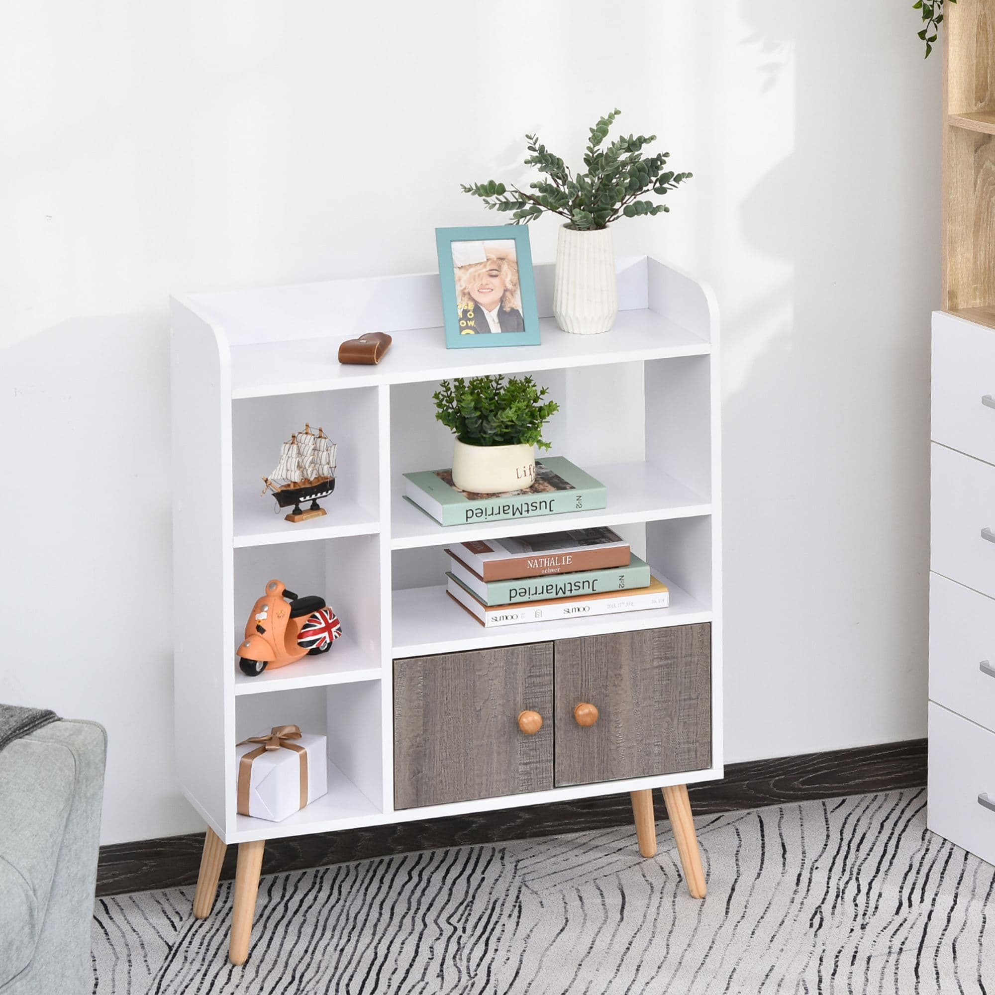 Multi-Shelf Bookcase Freestanding Storage Cabinet Shelves Wood Legs