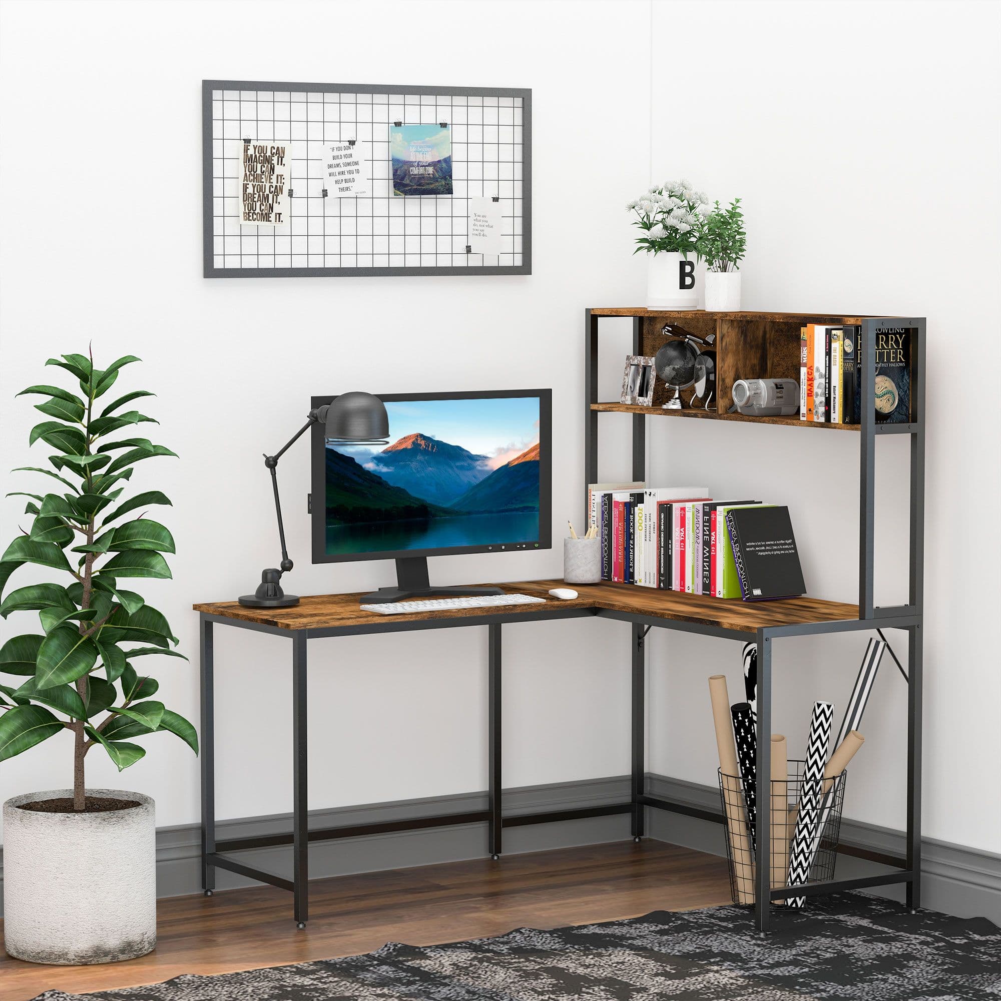 Industrial L-Shaped Work Desk & Storage Shelf Steel Frame