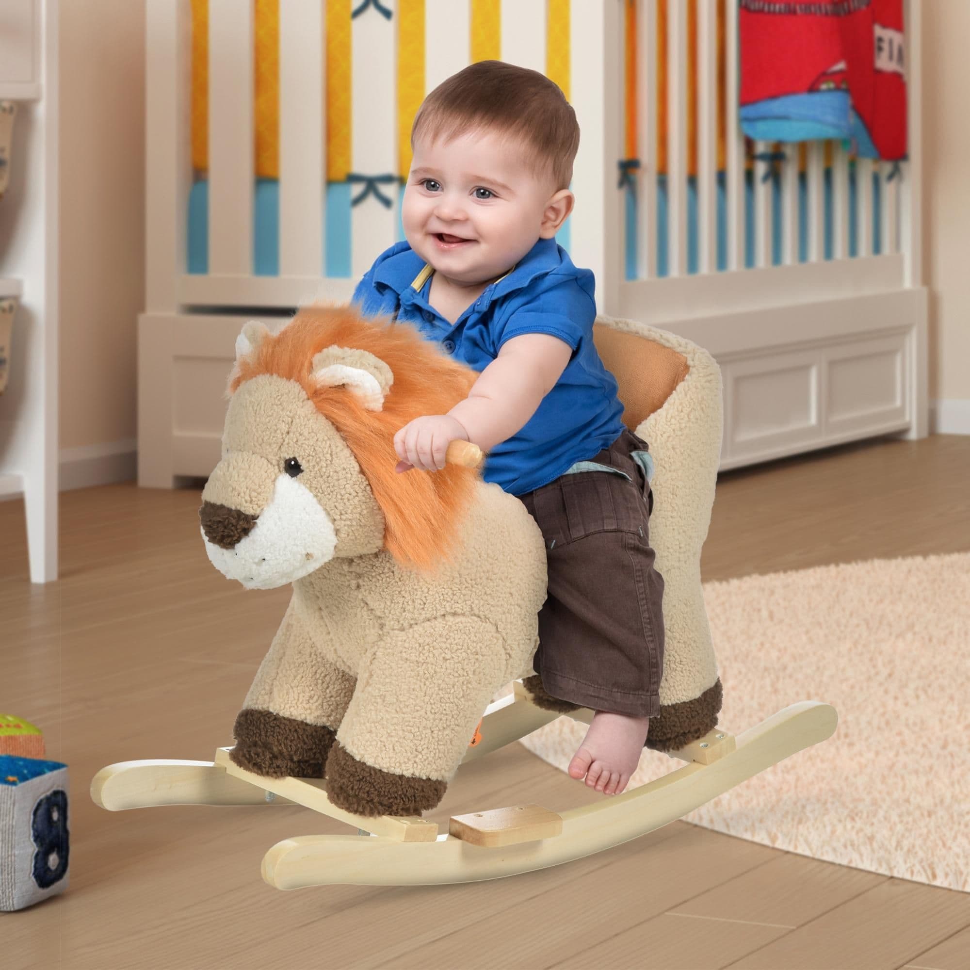 Kids Rocking Lion Ride On Seat with Sound Wood Base Seat Belt Brown