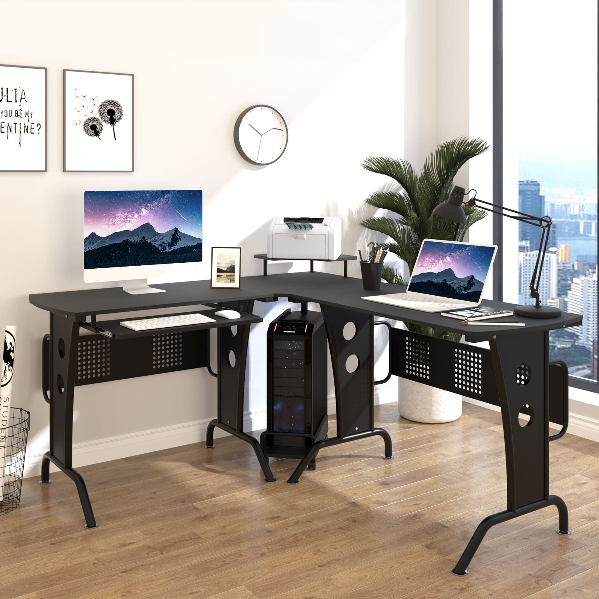 Space-Saving Corner Work Desk Gaming with Steel Frame CPU Rack