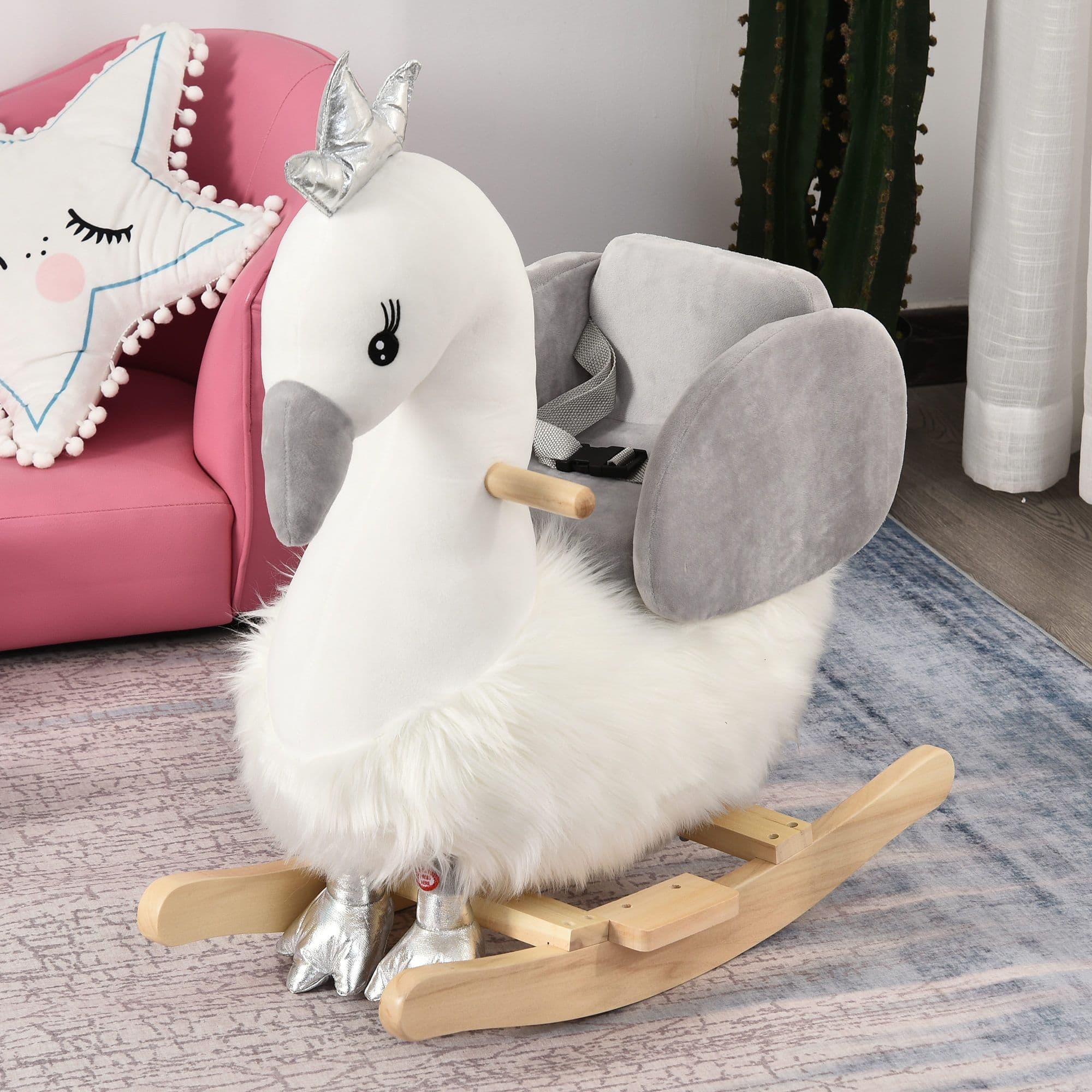 Cute Kids Ride-On Rocking Swan Sound Handlebars Seat Belt Plush Body