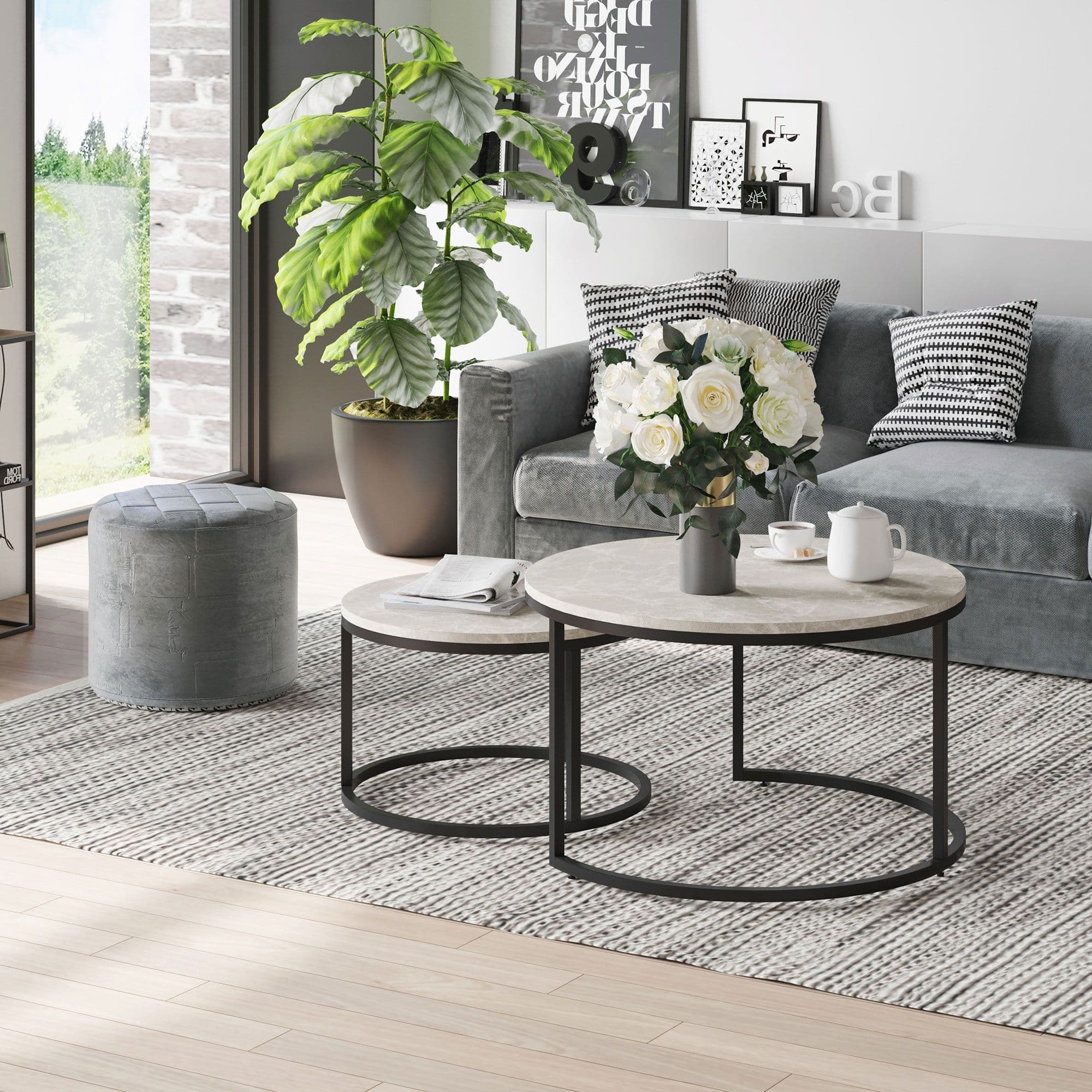2 Pcs Stacking Coffee Table Set with Steel Frame