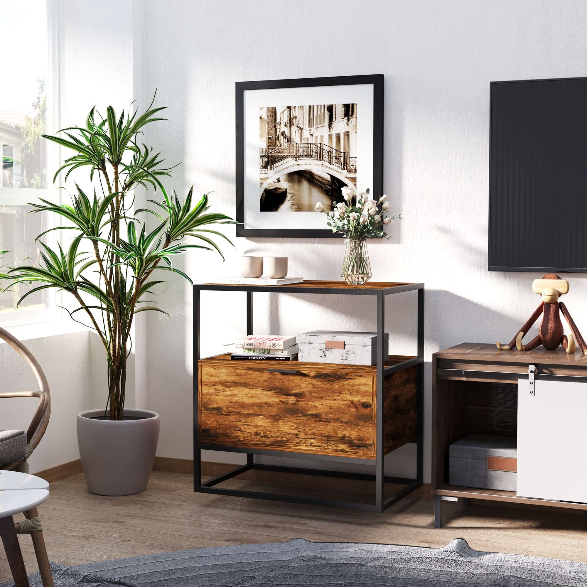 Industrial-Style Side Table with Drawer Open Shelf Steel Frame