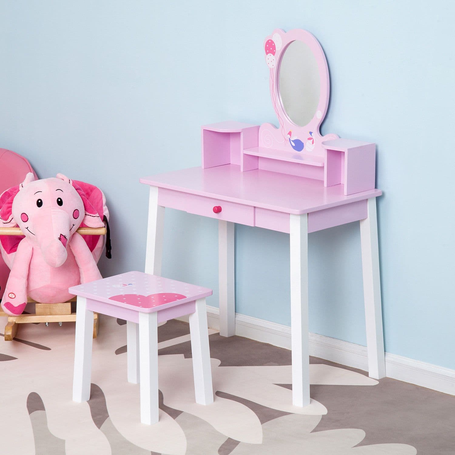 Kids Wooden Dressing Table with Stool Mirror Table and Desk Set Toys Pink