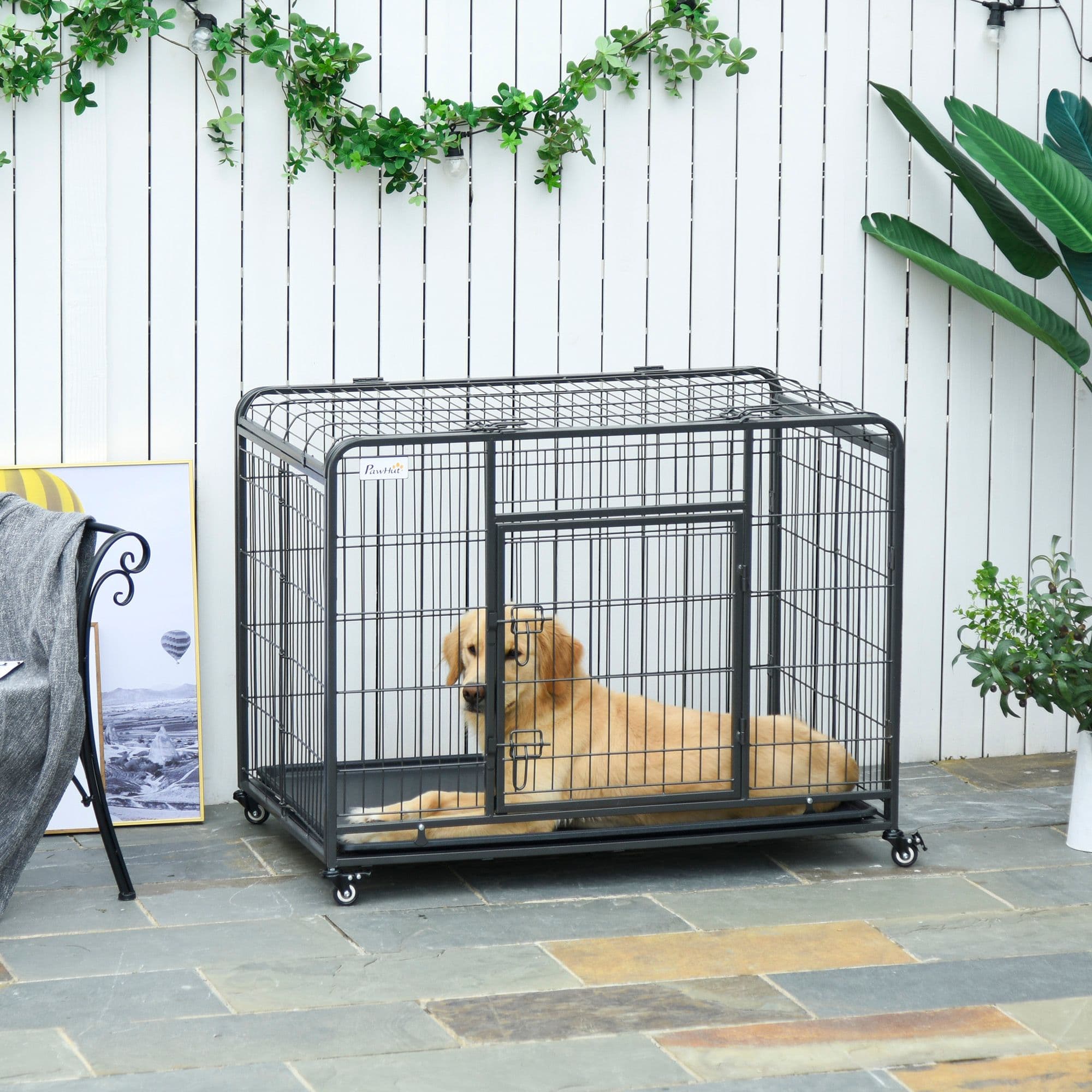 81x125cm Metal Dog Cage Kennel with Locking Door Wheels Tray for Large Pets