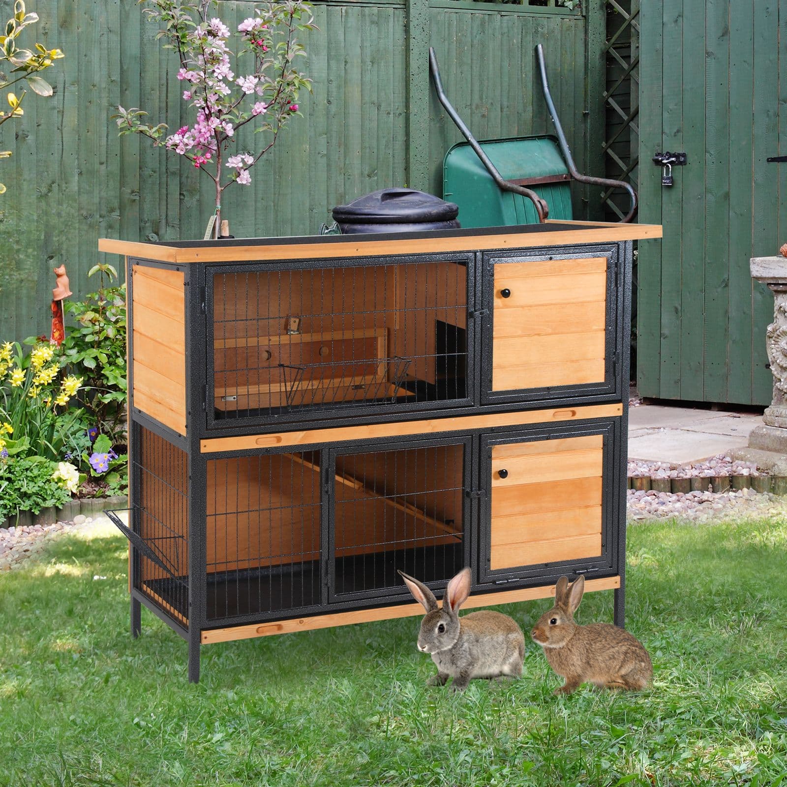 Wooden Metal Rabbit Hutch Pet House Bunny with Slide-Out Tray Outdoor