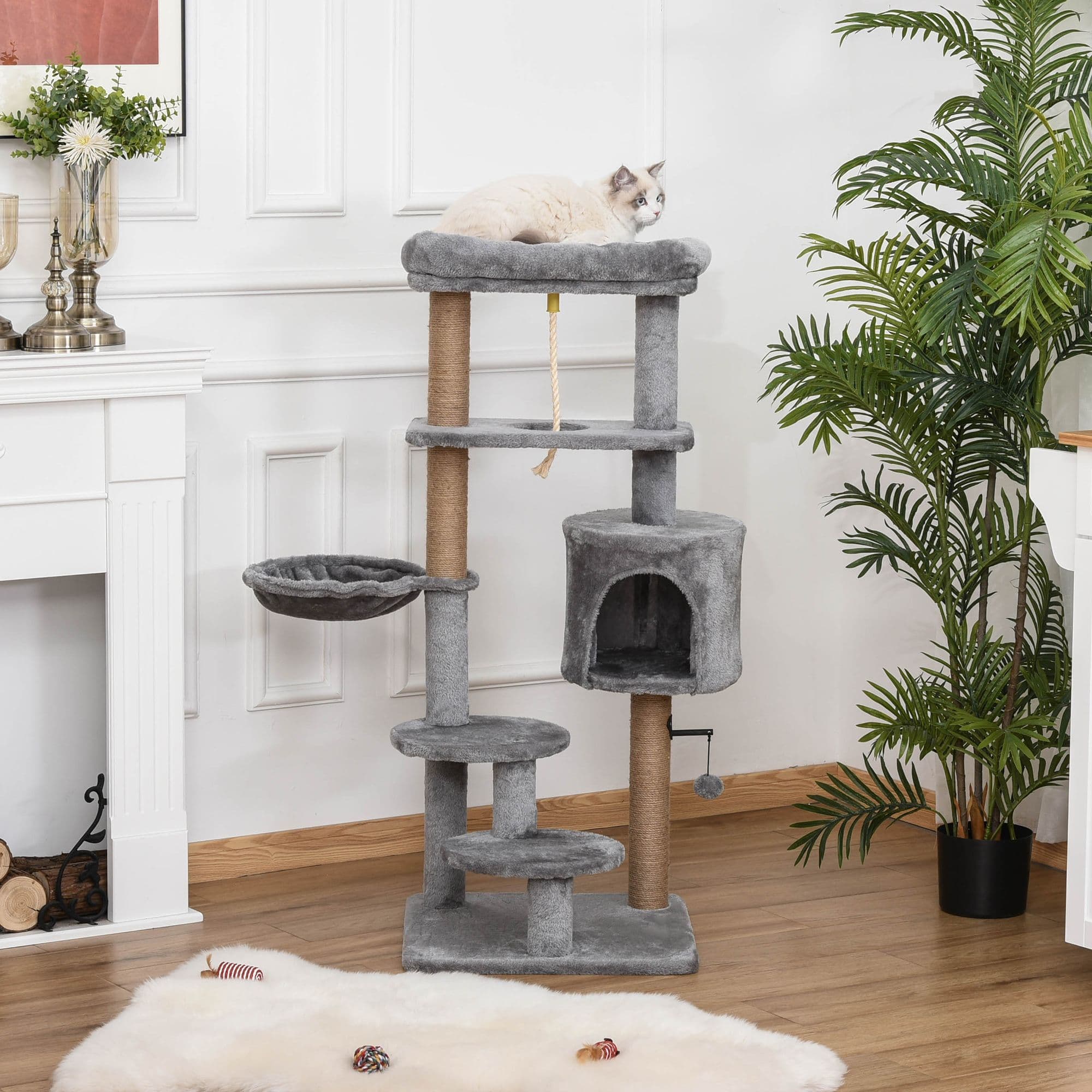 Cat Tree Tower Scratching Post Hammock Hanging Ball Condo Teasing Rope