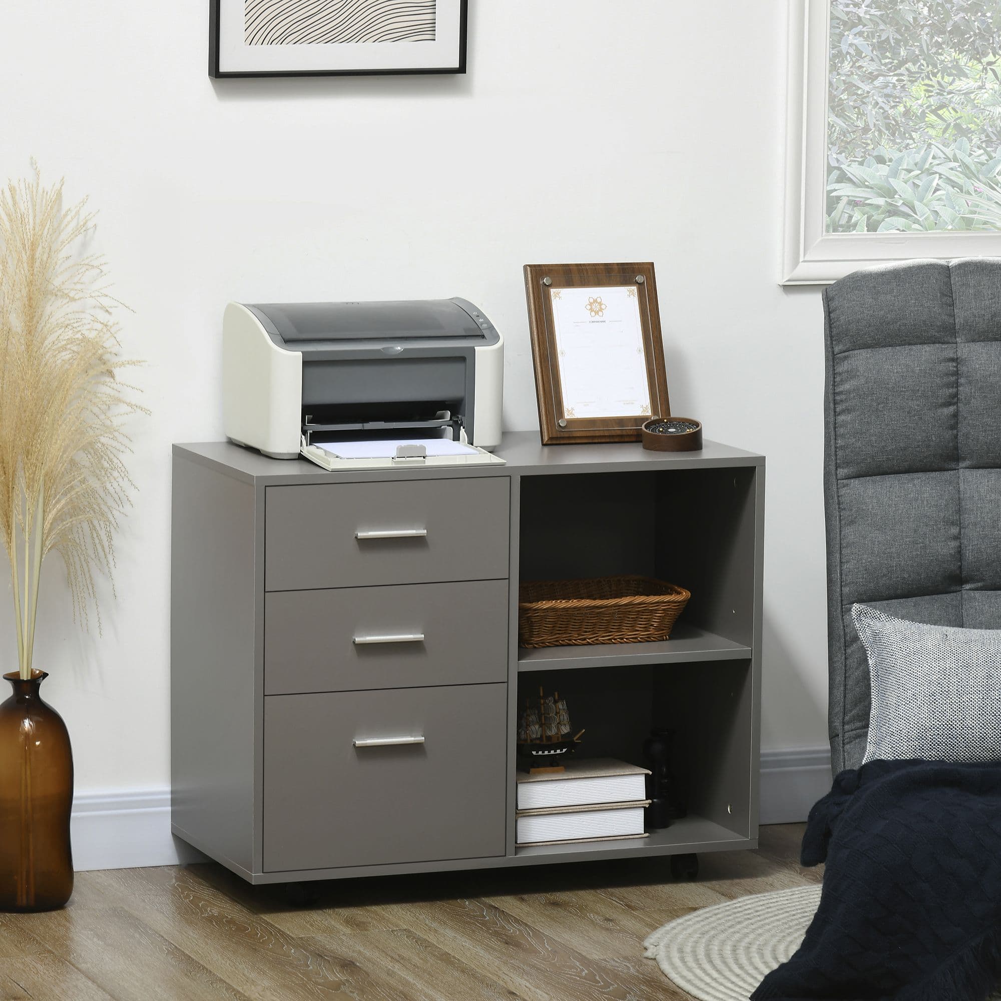 Freestanding Storage Cabinet with 3 Drawers 2 Shelves 4 Wheels Office