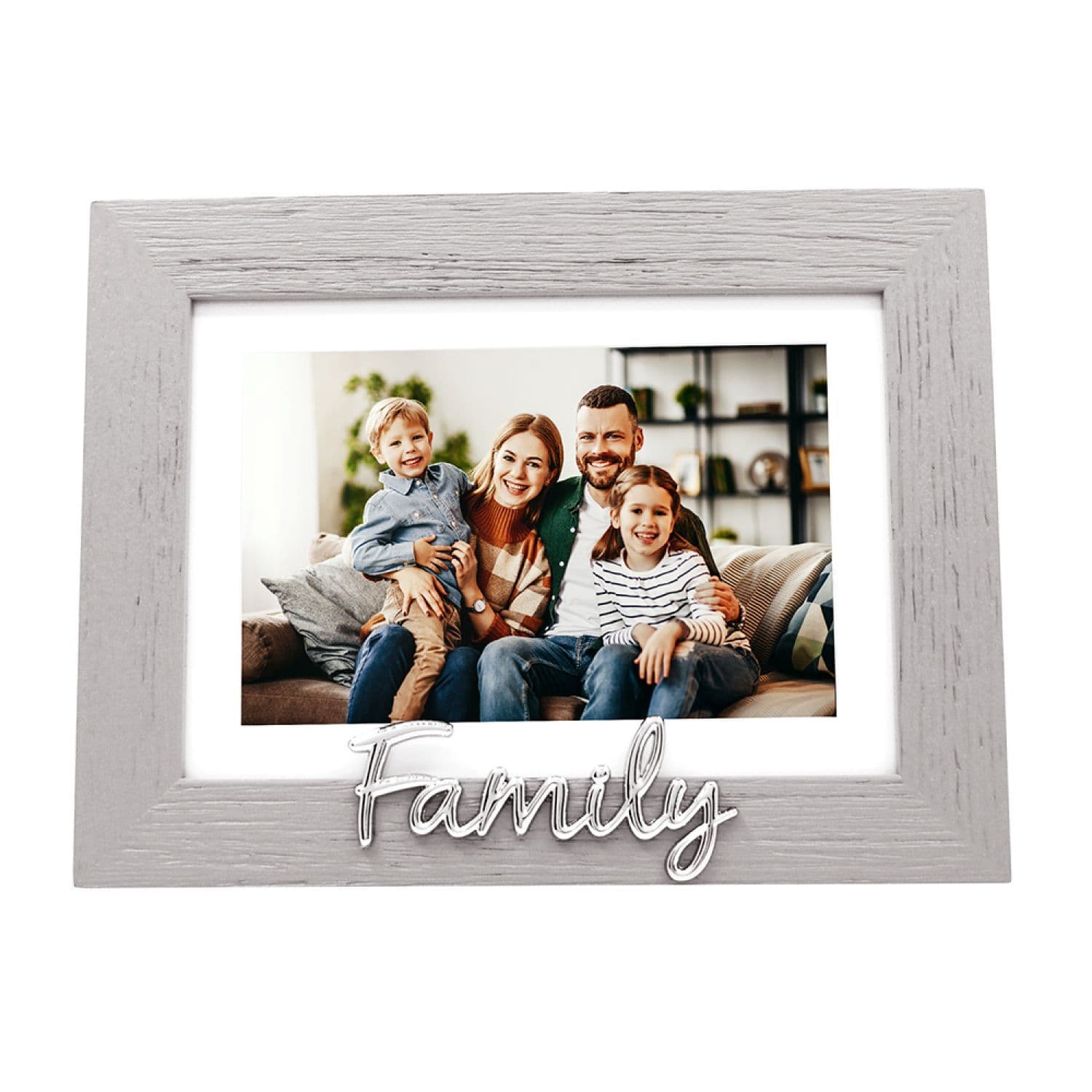 Grey Woodgrain Effect Family Picture Frame with Silver Letters - 6x4 or 7x5