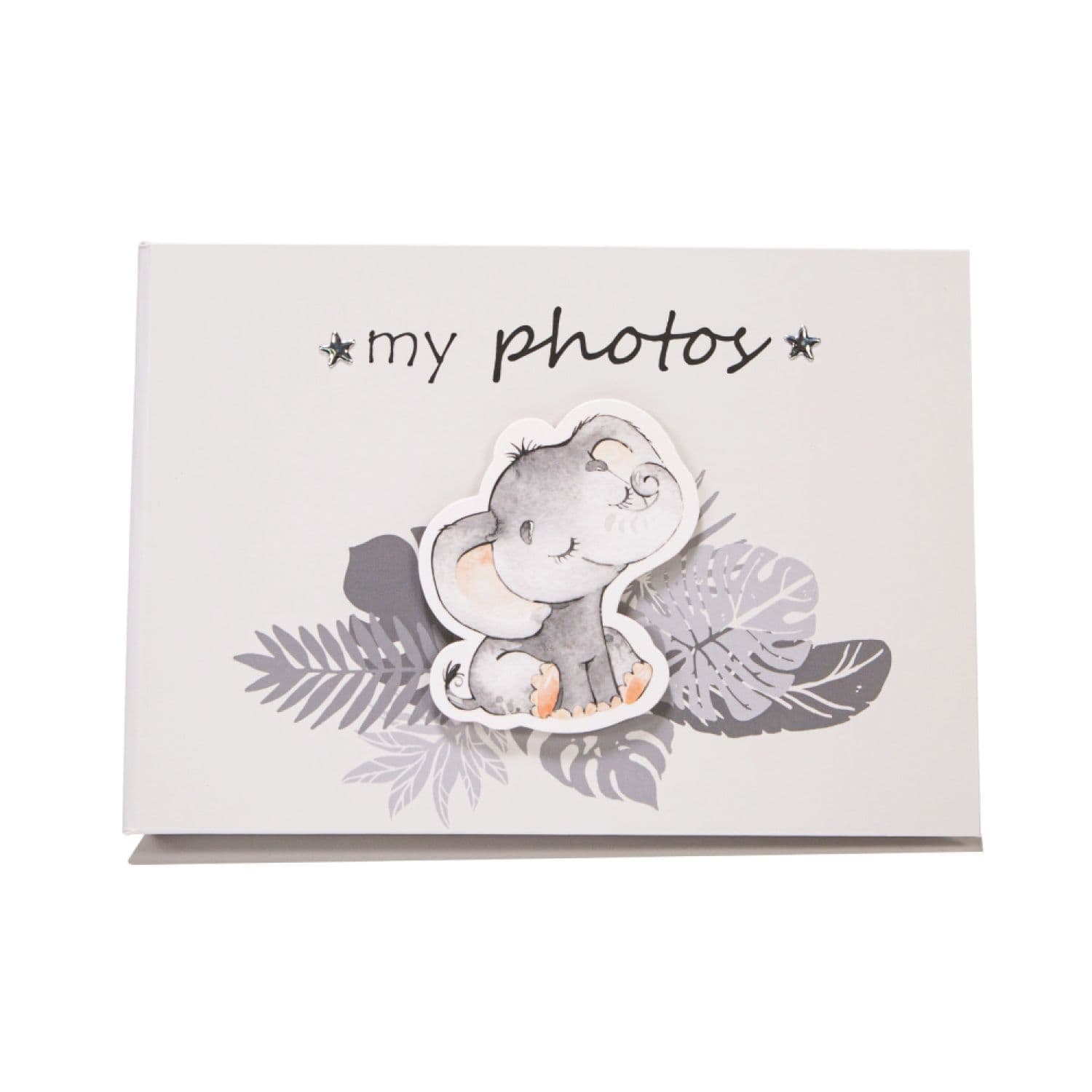 Cute Baby Elephant Grey Photo Album with Silver Stars and Palm Leaves