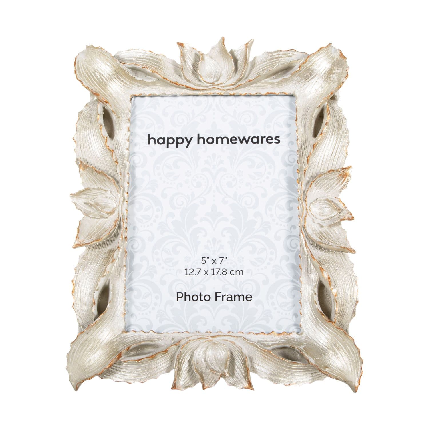 Modern 5x7 Resin Photo Frame with Petals and Leaves in Cream with Gold Trim