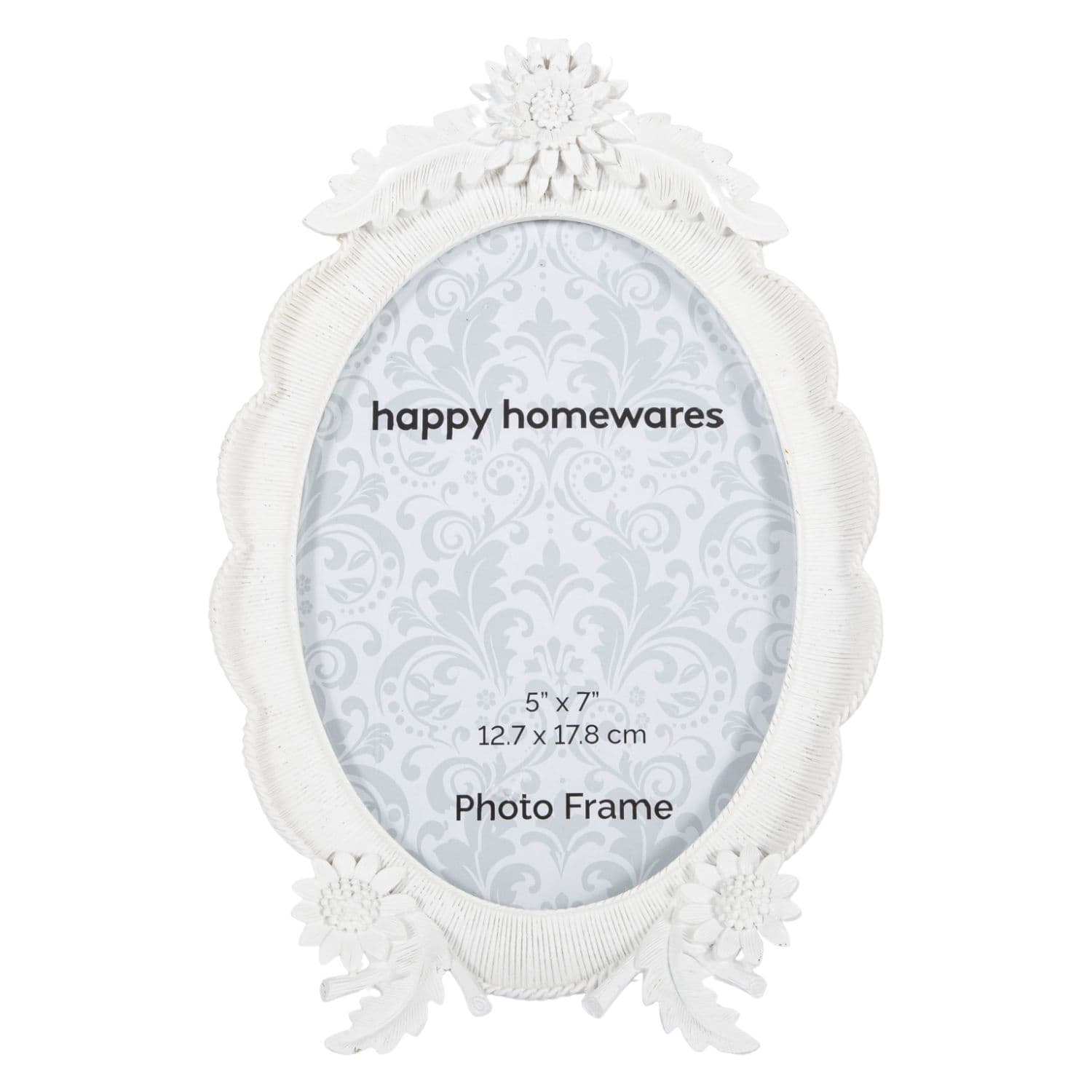 Ornate Oval Matt White Resin 5x7 Photo Frame with Moulded Sunflowers and Leaves