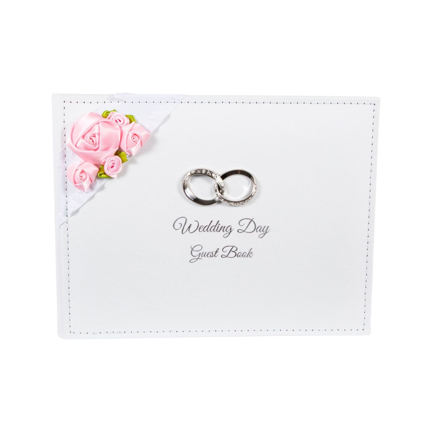 Modern Wedding Day Guest Book with Pink Faux-Silk Roses and Silver Double Rings