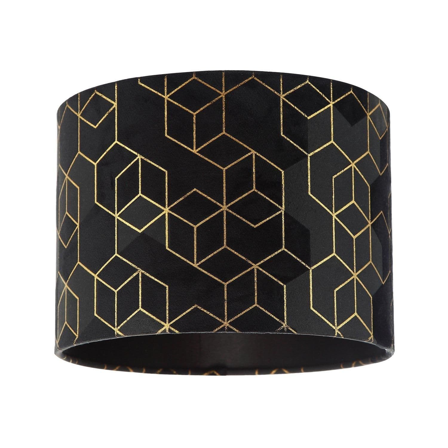 Black Soft Velvet Lamp Shade with Metallic Gold Foil Lines in Geometric Design