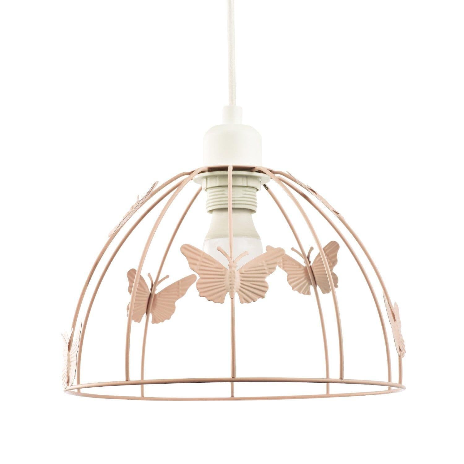 Modern Birdcage Pendant Shade in Blush Pink Metal with Butterflies - Shabby Chic