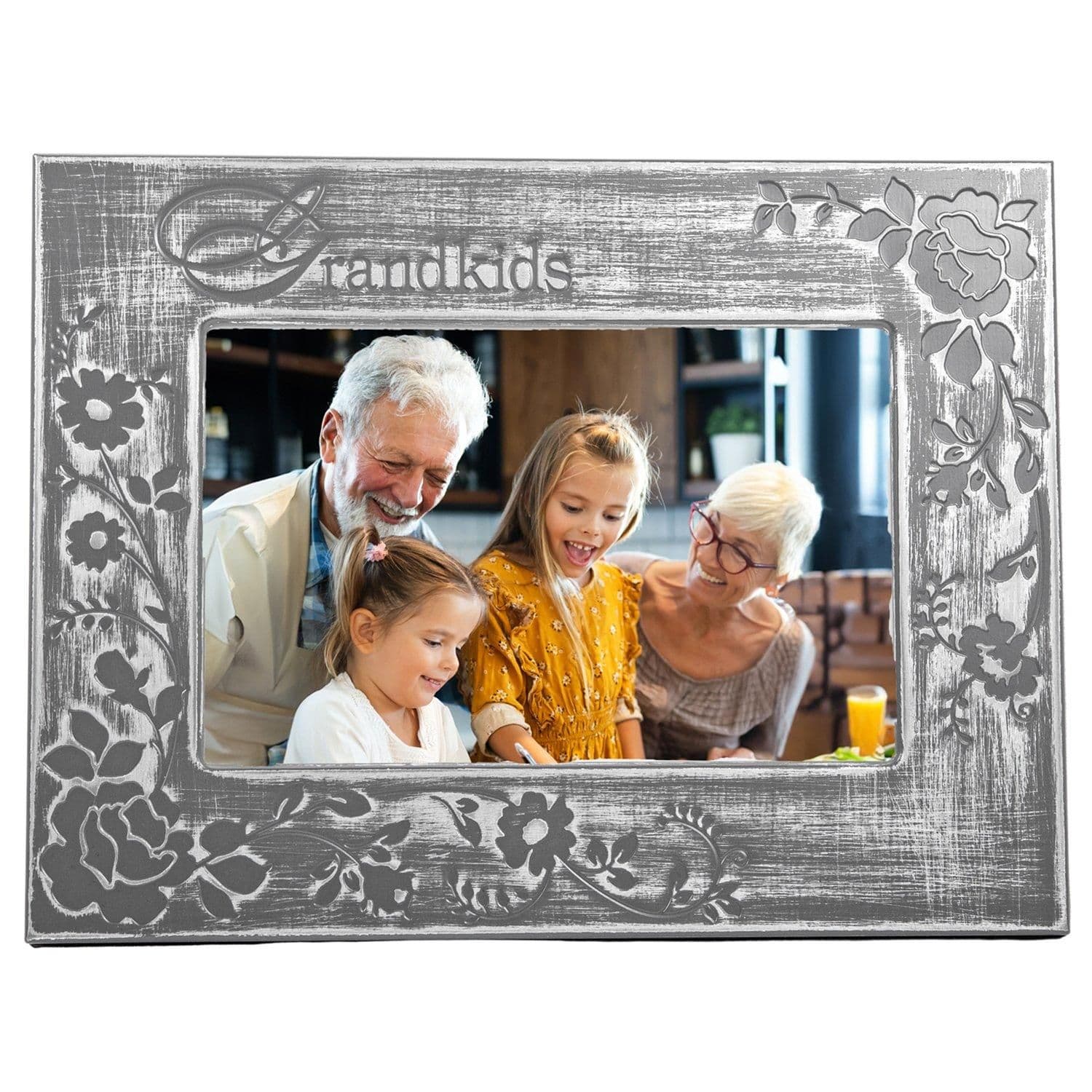 Galvanised Brushed Silver Grandkids Sentiment Picture Frame with Floral Decor
